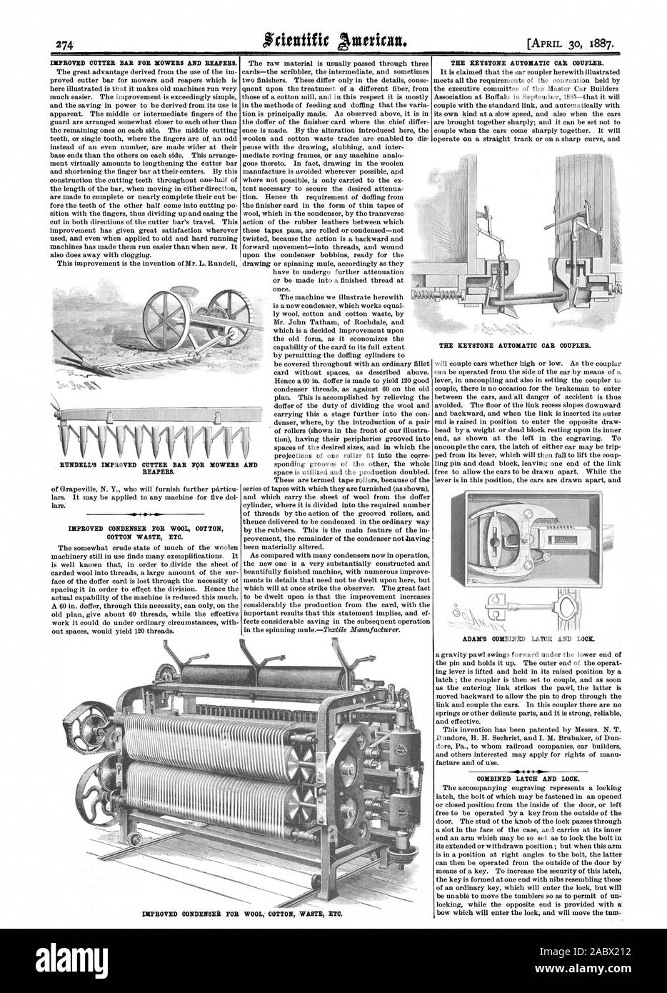 Migliorata la barra falciante per le falciatrici e mietitori. Condensatore migliorato per la lana COTONE CASCAMI DI COTONE ECC. Il keystone automatica attacco auto. "LUNDELL migliorata la barra falciante per le falciatrici e mietitori il keystone automatica attacco auto. ADAM'S saliscendi combinato e bloccare il condensatore migliorato per la lana cotone :RIFIUTI ETC COMBINATO DI CHIUSURA E BLOCCO., Scientific American, 1887-04-30 Foto Stock