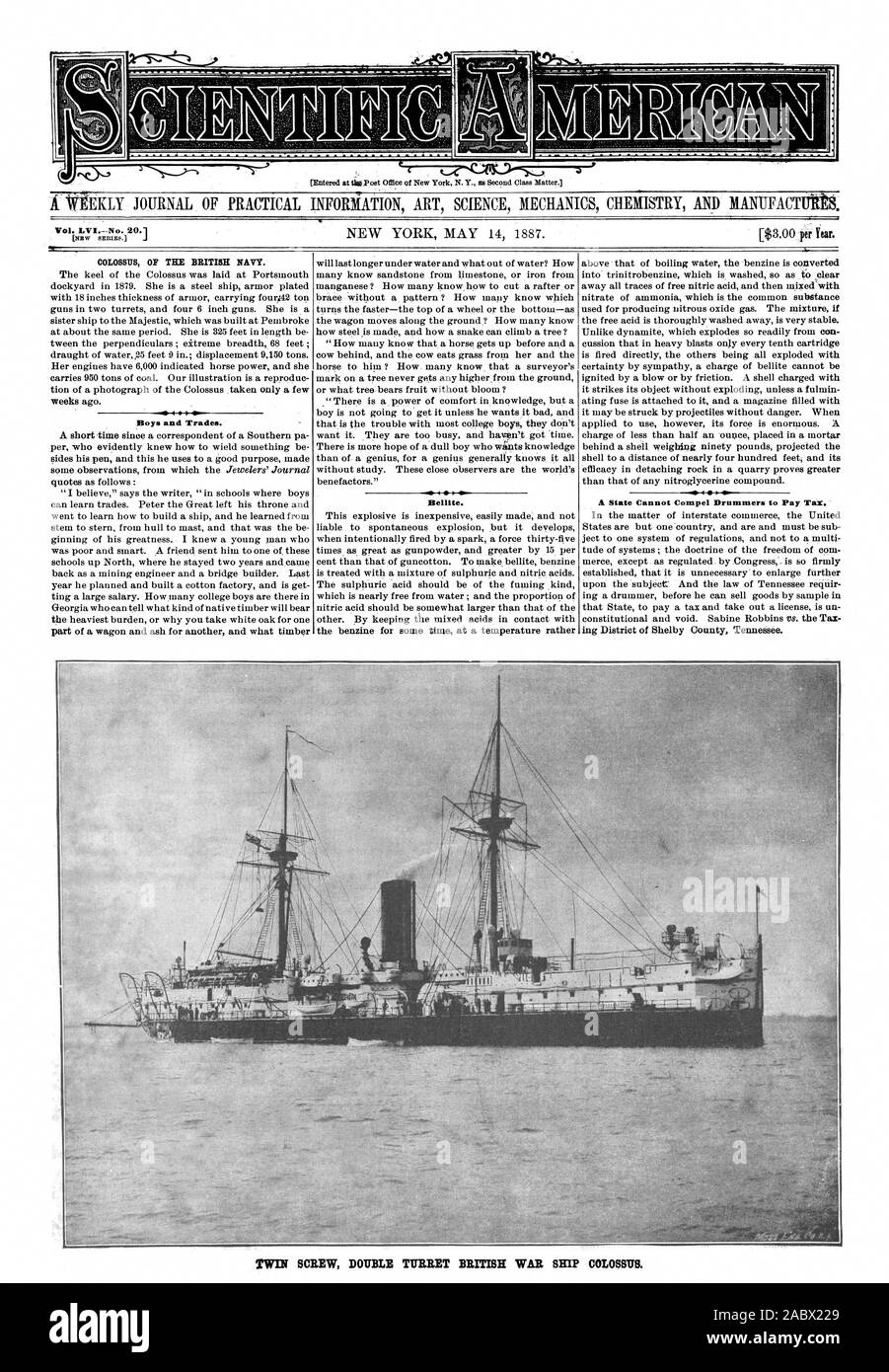 Vol. LVI.- No. 20.1 Il colosso della marina britannica. Ragazzi e mestieri. Belllte. A DOPPIA VITE DOPPIA TORRETTA BRITISH nave da guerra colosso., Scientific American, 1887-05-14 Foto Stock