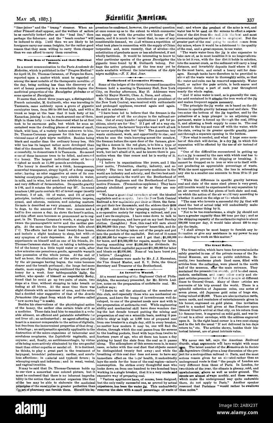 L'api nere della Tasmania e loro miele di medicinali. La Fraternità di locomotiva per i vigili del fuoco. Un invenzione voluto. elimina l'ardesia con una piccola percentuale di rifiuti di concedere le reliquie. Le strade sono quasi sempre fangosi e queste ragioni che rendono il modo sotterraneo abbastanza tollerante non si applicano a Parigi." Un altro altoparlante ragionata che parigini 'piuttosto sarebbe rondini di moli., Scientific American, 1887-05-28 Foto Stock