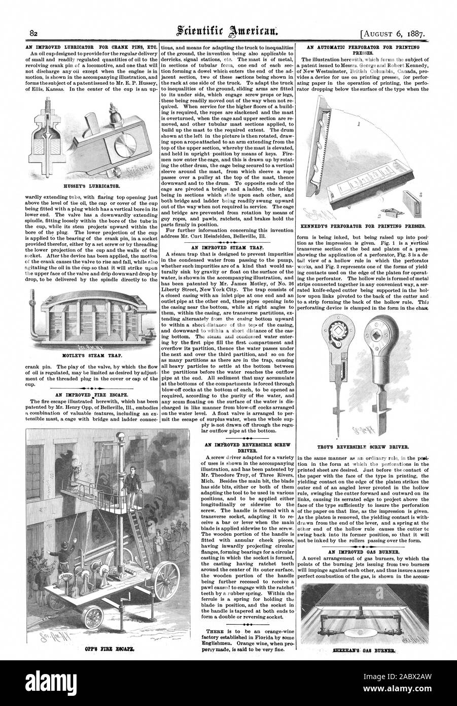 Un dispositivo di lubrificazione perfezionato per perni di biella etc. HUSSEY lubrificatore del. MOTLEY della trappola per vapore. Una migliorata trappola per vapore. Una migliorata vite reversibile DRIVER. Un perforatore automatico per macchine da stampa. KENNEDY è un perforatore per presse di stampa. TROY reversibile del cacciavite. Miglioramento di un bruciatore di gas., Scientific American, 1887-08-06 Foto Stock