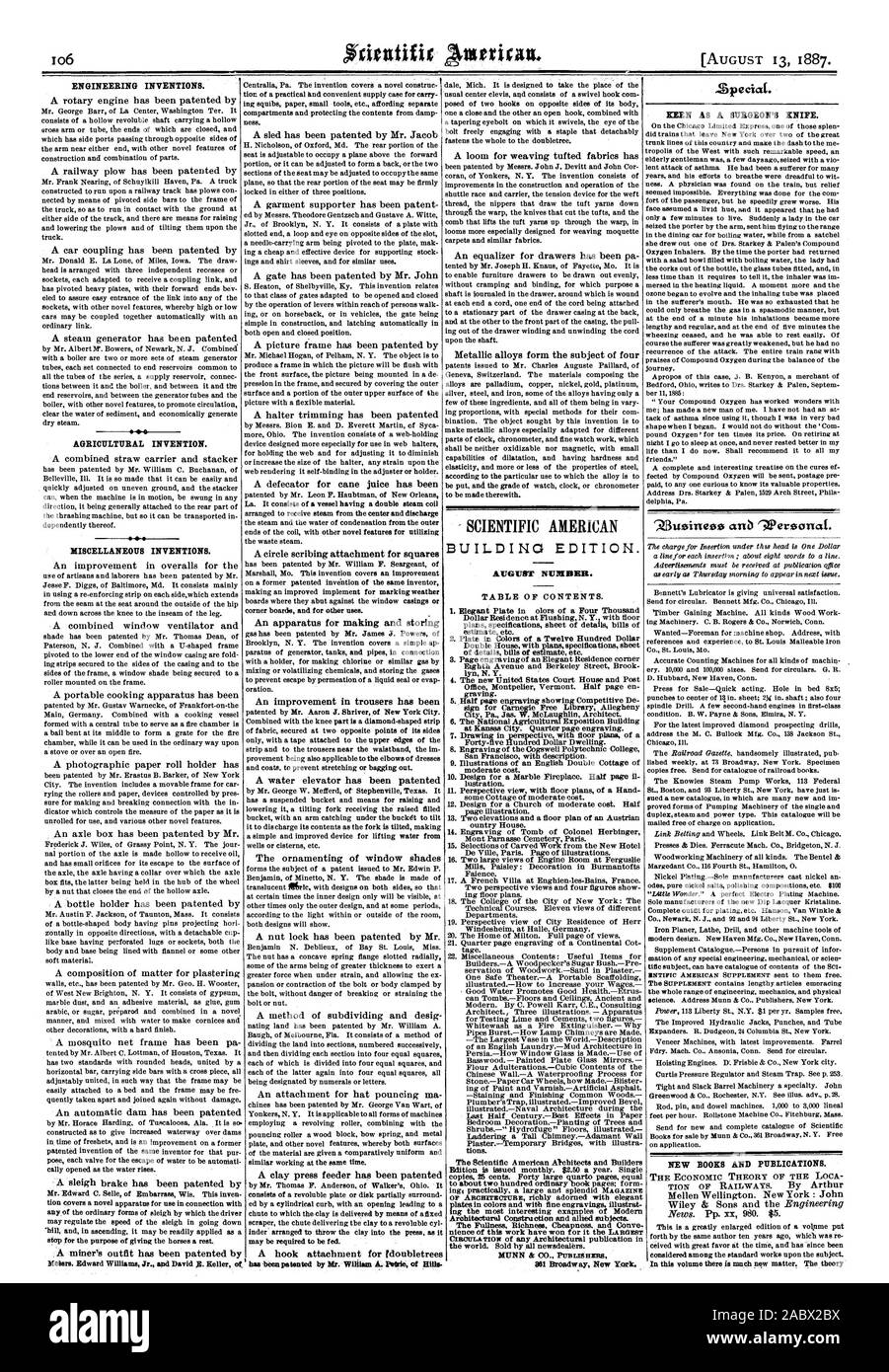 Invenzioni di ingegneria. Agricolo di invenzione. Varie invenzioni. - SCIENTIFIC AMERICAN EDIFICIO EDITION. Speciat. Vivo come un chirurgo di coltello. '313usineso anb ''erzanat. Nuovi libri e pubblicazioni., 1887-08-11 Foto Stock