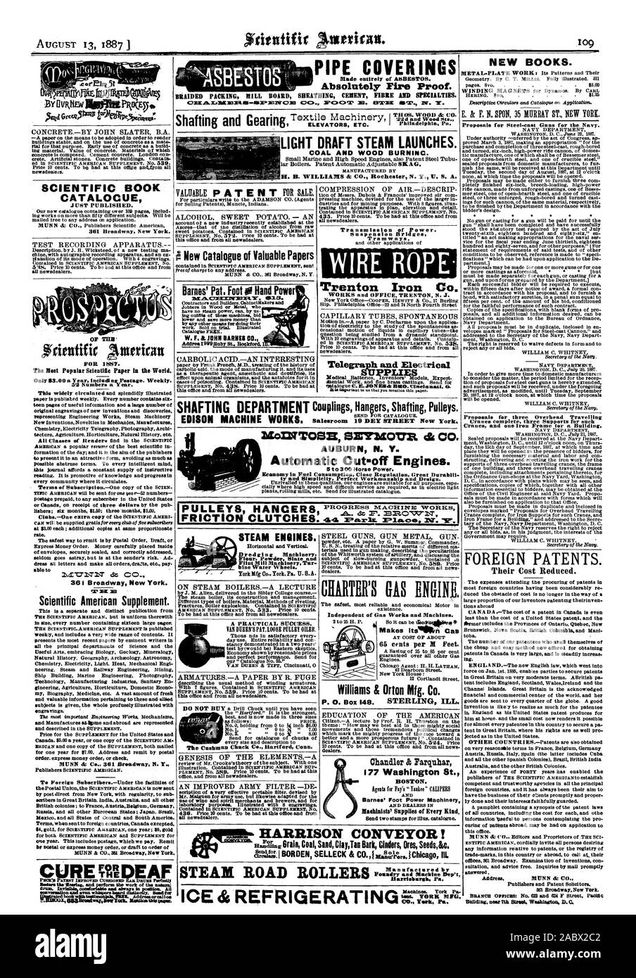 Paesi stranieri ed è stato sempre il loro obiettivo t questo ufficio. Qualsiasi informazione irrequieta di brevetti o il registro dei marchi in questo paese o all'estero per chiamare presso i loro uffici 361 Broadway. Esame delle invenzioni con sultation e consulenza gratuita. Richieste da parte di mail prontamente risposto. Gli editori e gli avvocati di brevetti ICE& REFRIGERATIN, Scientific American, 1887-08-13 Foto Stock