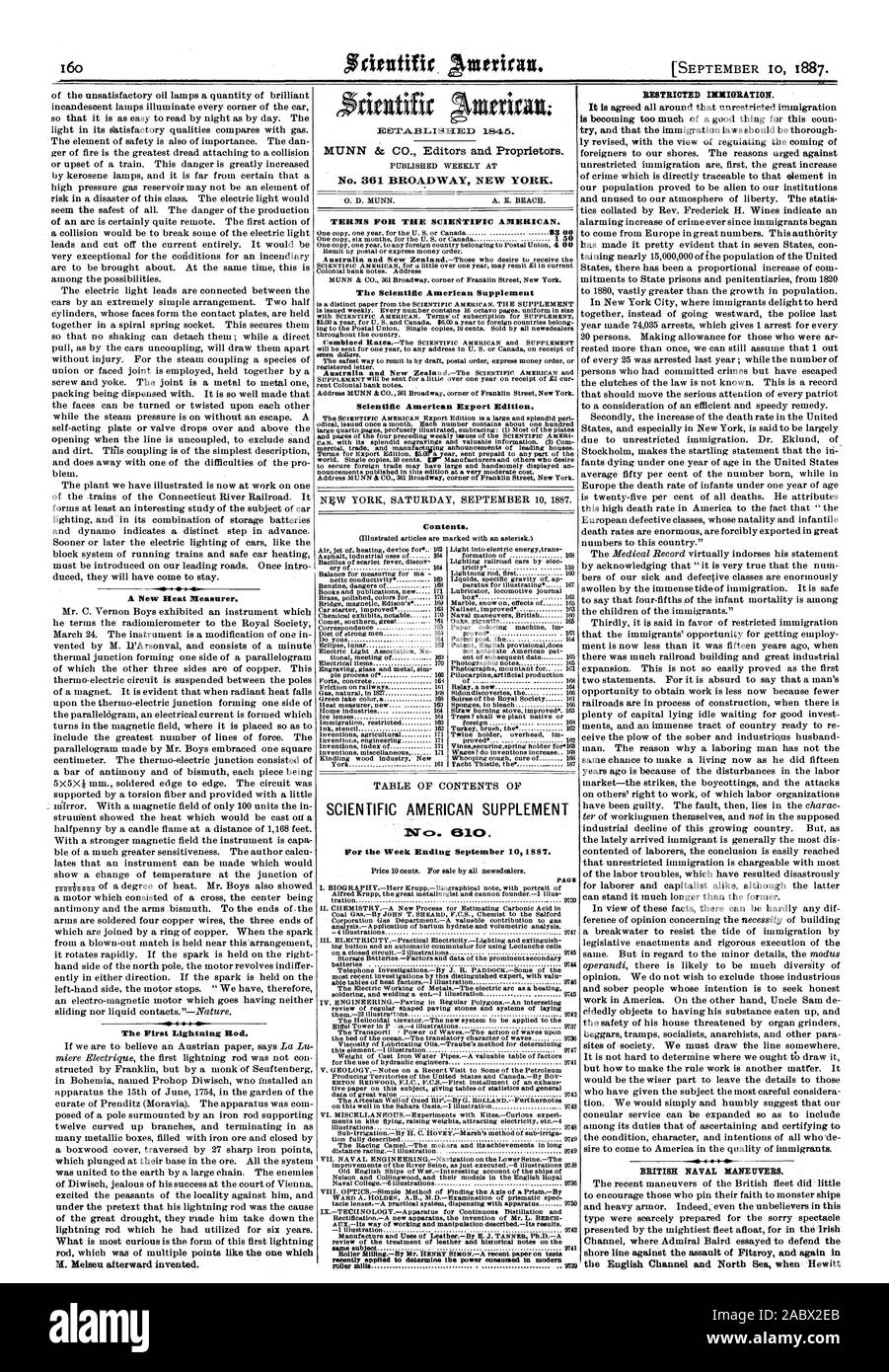 Un nuovo misuratore di calore. La prima asta parafulmini. MUNN & CO. Editori e proprietari. No. 361 Broadway New York. Termini per la Scientific American. Il Scientific American Supplement Scientific American edizione di esportazione. Contenuto. SCIENTIFIC AMERICAN supplemento per il fine settimana di settembre 101887. reeently applicati per determinare la potenza consumata nel moderno INXIGBATION LIMITATO. BRITISH NAVAL MANEITVERS. ttifillt; se(, 87-09-10 Foto Stock