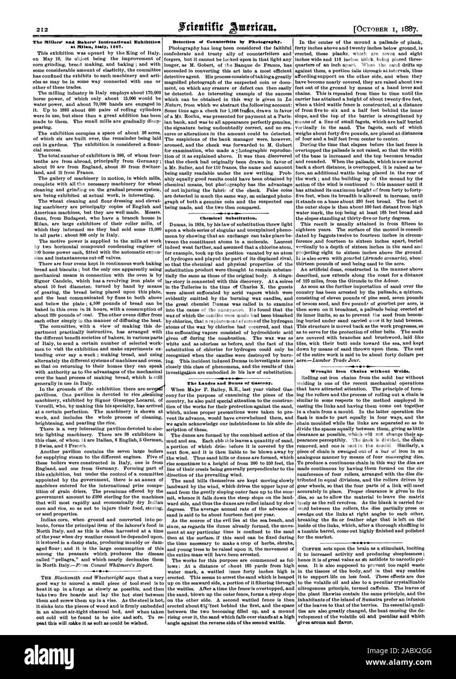 A Milano Italia 1887. Individuazione dei falsi dalla fotografia. Sostituzione di sostanze chimiche. Il dipartimento delle Landes e dune di Guascogna. angolo contro il lato inverso della seconda graticcio. Nel centro del tumulo di palizzata di listone Ferro Battuto catene senza saldature. conferisce aroma e sapore, Scientific American, 1887-10-01 Foto Stock