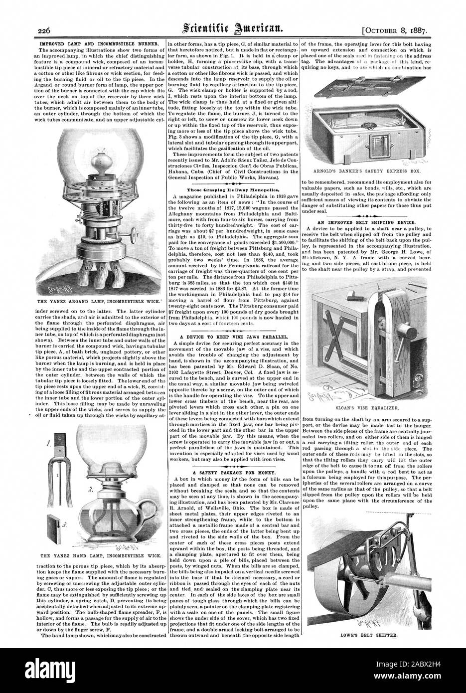 Lampada perfezionata e bruciatore incombustibile. La YANEZ LAMPADA ARGAND stoppino incombustibile." La YANEZ lampada manuale stoppino incombustibile. Quelle di afferramento monopoli ferroviaria. Un dispositivo per mantenere le ganasce della morsa parallela. Un pacchetto di sicurezza per denaro. 41. Una cinghia migliorata spostando il dispositivo., Scientific American, 1887-10-08 Foto Stock