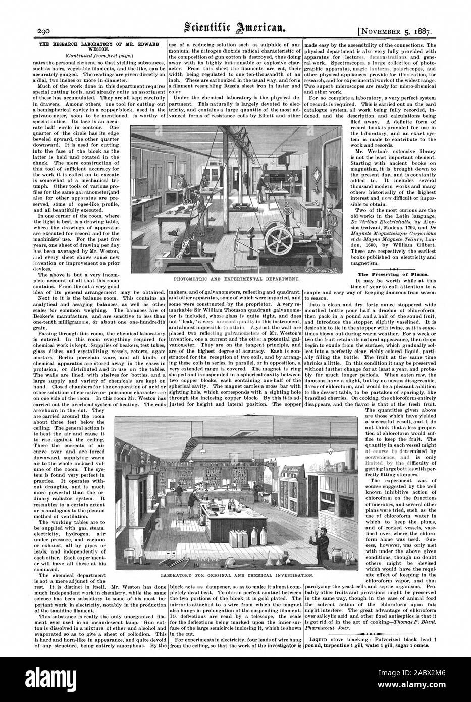 Il laboratorio di ricerca il sig. EDWARD WESTON. La conservazione di prugne. pound trementina 1 gill acqua 1 gill zucchero 1 oncia. Fotometriche e reparto sperimentale. Laboratorio di originali e di analisi chimica., Scientific American, 1887-11-05 Foto Stock