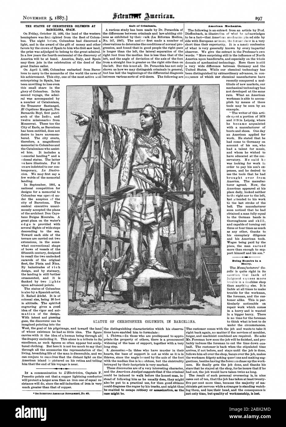 La statua di Cristoforo Colombo A BARCELLONA SPAGNA. La deambulazione di criminali. anche essere messo ad un uso pratico per poi buoni cittadini potrebbe diagnosticare il rogue dalle sue vie e potrebbe quindi essere abilitata per sfuggire alla rapina o assassinio come la facilità potrebbe essere. American meccanica. 4- Fare le riparazioni in fretta. non solo il tempo ma la qualità della lavorazione è perso. STATU E DI CRISTOFORO COLOMBO A BARCELLONA., Scientific American, 1887-11-05 Foto Stock