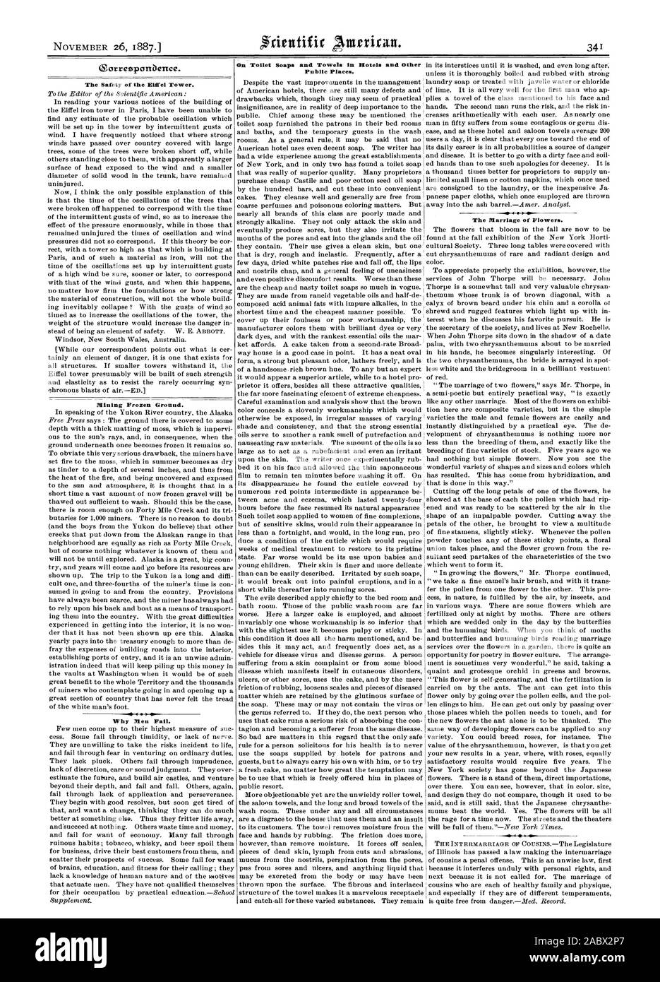 La sicurezza della torre Elirel. Mining suolo ghiacciato. Perché gli uomini non riescono. Sulla toilette saponi e TOWelig in motel e in altri luoghi pubblici. Il matrimonio dei fiori. 0 AP, Scientific American, 1887-11-26 Foto Stock