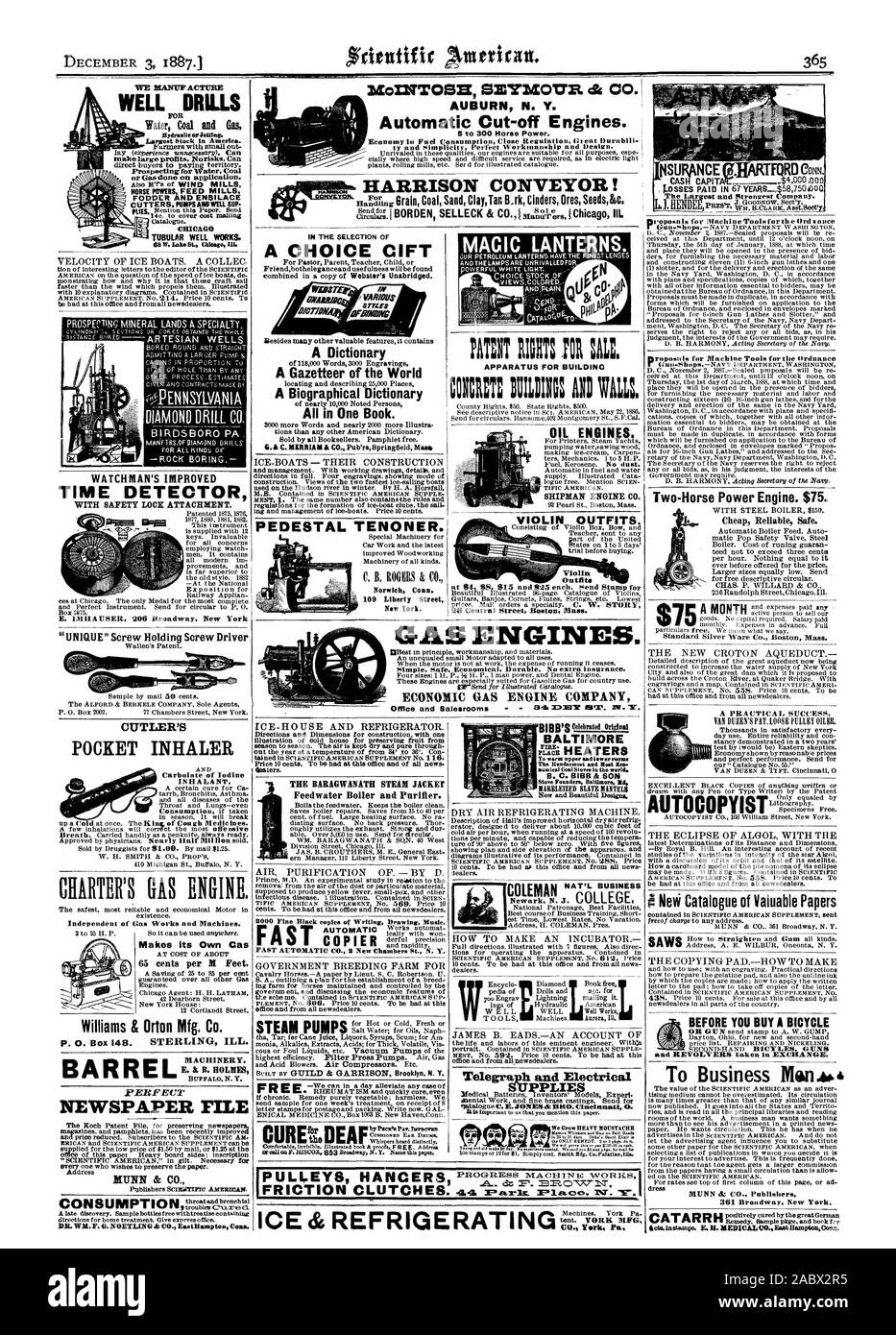 Convogliatore di HARRISON! MengTOEIZE SEYMOUR & 00. AUBURN N. Y. automatica Cut-off motori. Trapani bene acqua carbone e gas fare grandi profitti. Norisks. È in grado di o gas fatto sull'applicazione. NORSE poteri fabbriche di mangimi e foraggi ENSILACE tubolare funziona bene. Velocità di barche di ghiaccio. Una legge. Sentinella MIGLIORATA DEL RIVELATORE di tempo con serratura di sicurezza allegato. CUTLER POCKET INALATORE CARTA DEL GAS MOTORE. Fa proprio il gas al costo di circa 65 centesimi di euro a piedi M. Williams & Orton Mfg. Co. P. 0. Box 148. STERLING ILL. Macchinari. Perfetto FILE DI GIORNALE MUNN & CO. Pnblishers SCINAPITETC AMERICAN gola andbronchial ICE-barche Foto Stock