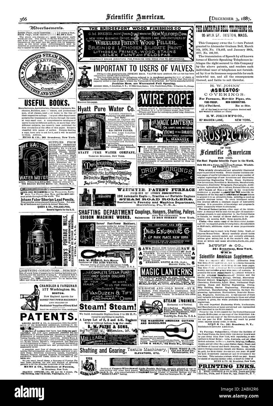 Importante per gli utenti di valvole. Jenkins Bros. sono garantite la piena apertura. Il legno di BRIDGEPORT FIN SHING SQUADRA C:RICAN TEPER NU CO. Per forni Hot-Air tubazioni ecc FIRE-prova. NON OONOUCTING. Libri utili. MUNN & CO. 361 Broadway New York. Johann Faber siberiano matite di piombo. Grande agenti per gli Stati Uniti Hyatt acqua pura Co. HYATT ACQUA PURA AZIENDA vapore! Vapore! Con o senza caldaie lovfor contanti: 84 figli XoTo Ejskg4V) sqi. S lanterne magiche per 1588. 59 numeri all'anno. MT711'n az CO. lex.t Scientific American Supplement. Gli inchiostri di stampa. BOSTON. BARNES' piedi macchinari elettrici macchinisti' fornisce Foto Stock