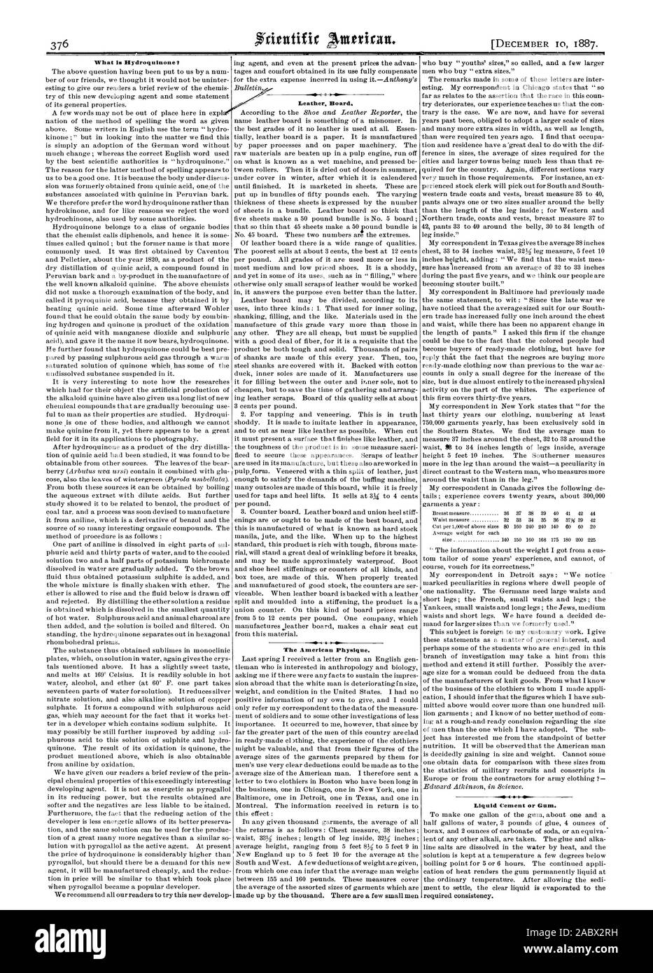 Che cosa è in pelle di idrochinone. Scheda. Il Fisico americano. Il cemento liquido o colla., Scientific American, 1887-12-10 Foto Stock