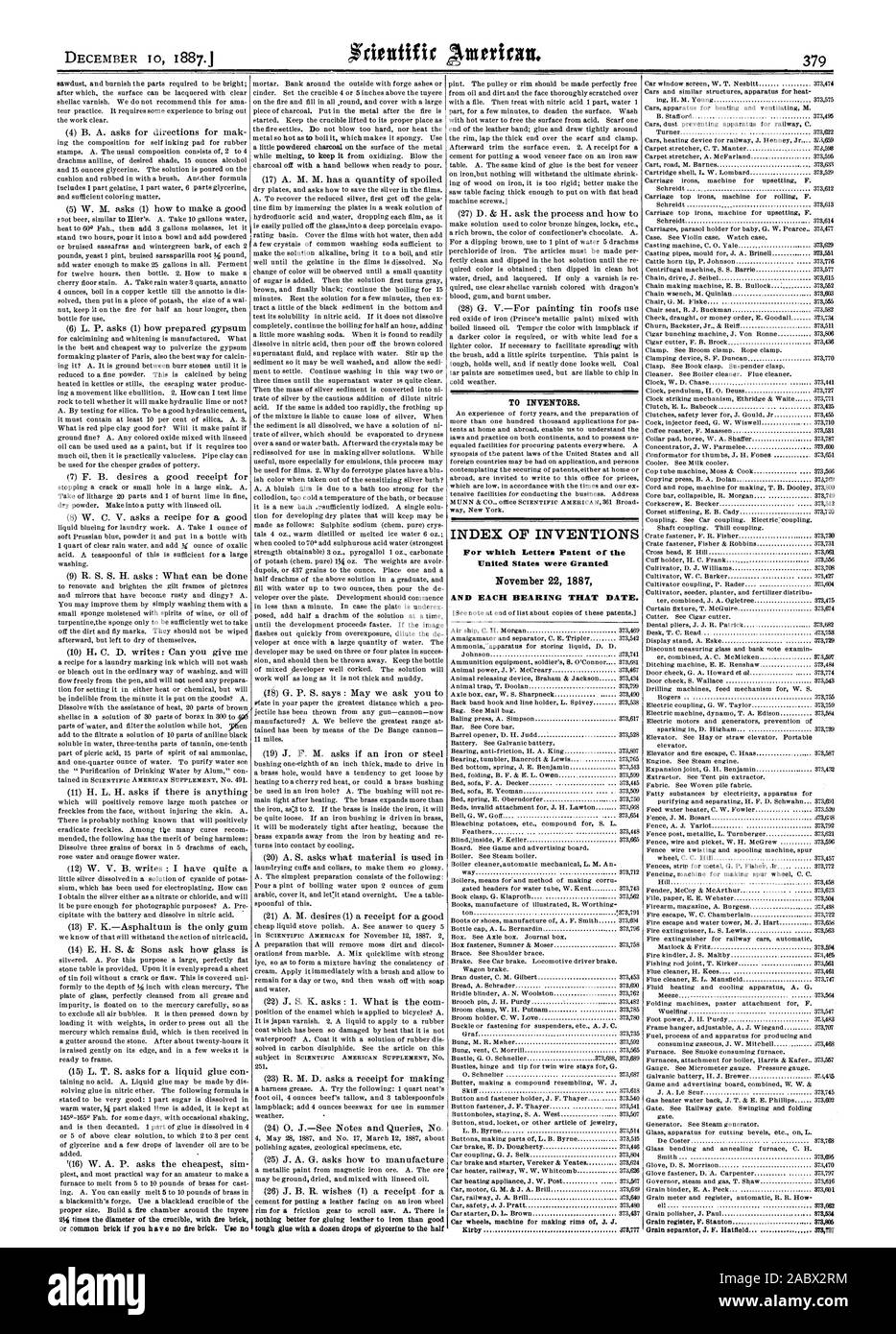 O di mattoni comuni se il fieno e non di lire mattone. Ilse n niente di meglio per la pelle di incollaggio a ferro di buona per gli inventori. Indice delle invenzioni per le quali lettere di Brevetto degli Stati Uniti sono stati concessi 22 novembre 1887 e ciascun cuscinetto a tale data. Separatore di granella J. F. Hatfield 87875io, Scientific American, 1887-12-10 Foto Stock