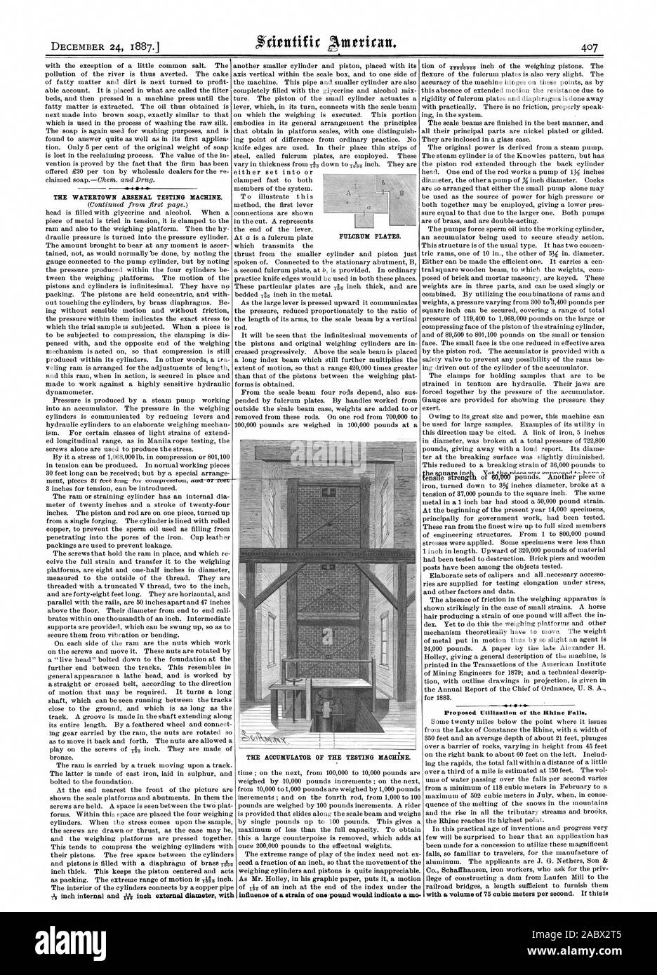 L'accumulatore della macchina di testing. influenza di un ceppo di una libbra indicherebbe un mo proposto l'utilizzo di cascate del Reno. Il Watertown ARSENAL macchina di testing. 100 PIASTRE FULCRO., Scientific American, 1887-12-24 Foto Stock