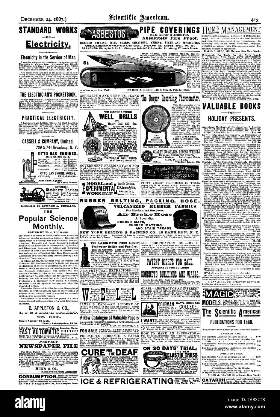 Foraggi e insilaggio pompe frese sono ben SUP. CHICAN tubolare funziona bene. Libri di pregio HOLIDAY presenta. Modelli di getti di piccole dimensioni. Ingranaggi Pubblicazioni per il 1888. Catarro gomma vulcanizzata tessuti per scopi meccanici. Una specialità. Tappetini in gomma Tappetini in gomma e stair battistrada. ICE & CO di refrigerazione York Pa. NEW YORK cinghie di imballaggio & CO. 15 PARK ROW N. Y. acqua di alimentazione caldaia e depuratore. C E N TR SE 130 AL estrattori.-da James B. EADS.-un account del nuovo catalogo di preziose carte dei venditori di brevetto. Muncie Ind. Di FOUCAULT correnti.-UNA CARTA DI PURIFICAZIONE DELL'ARIA. - Da D. APPARECCHIATURA PER BUILDINC COMM Foto Stock