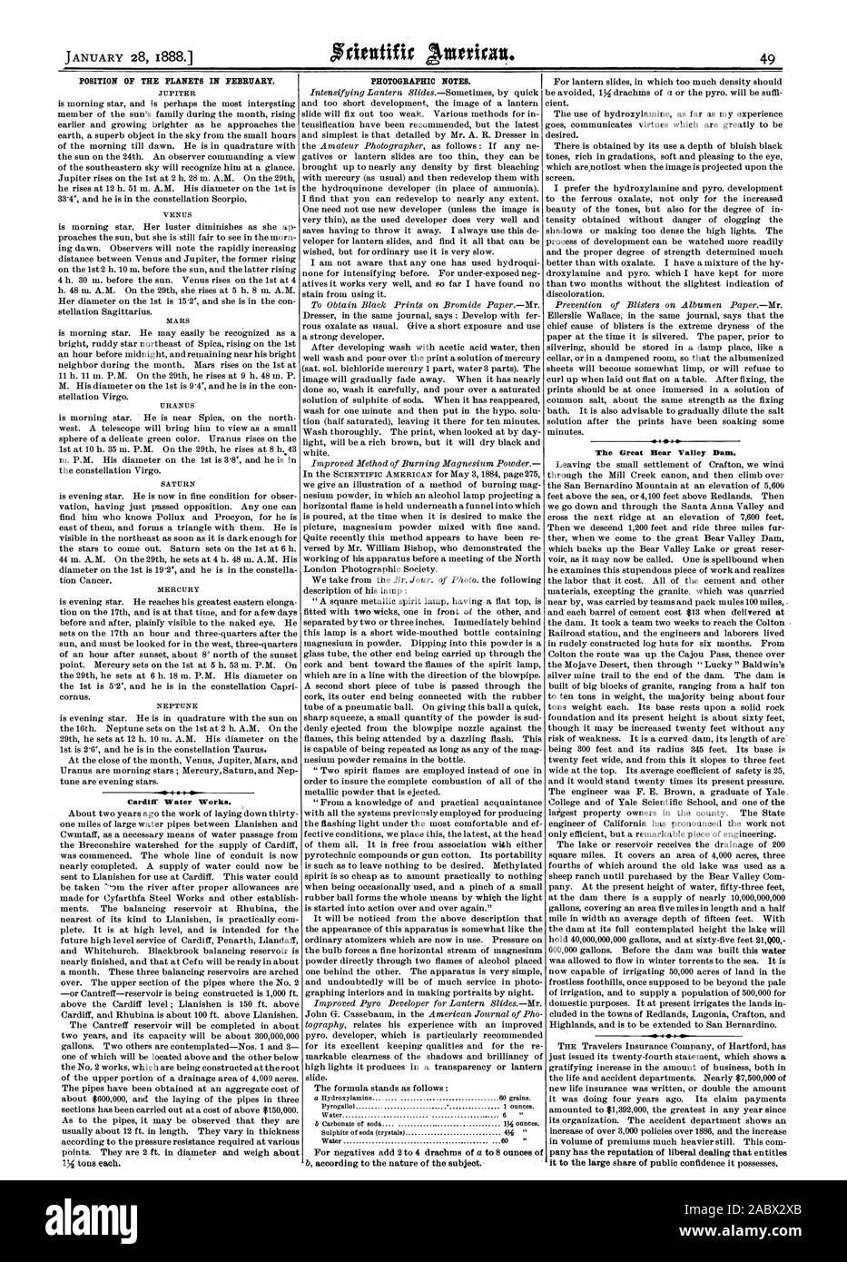 Posizione dei pianeti in febbraio. Cardiff opere d'acqua. Note fotografiche. Il grande Bear Valley diga, Scientific American, 1888-01-28 Foto Stock