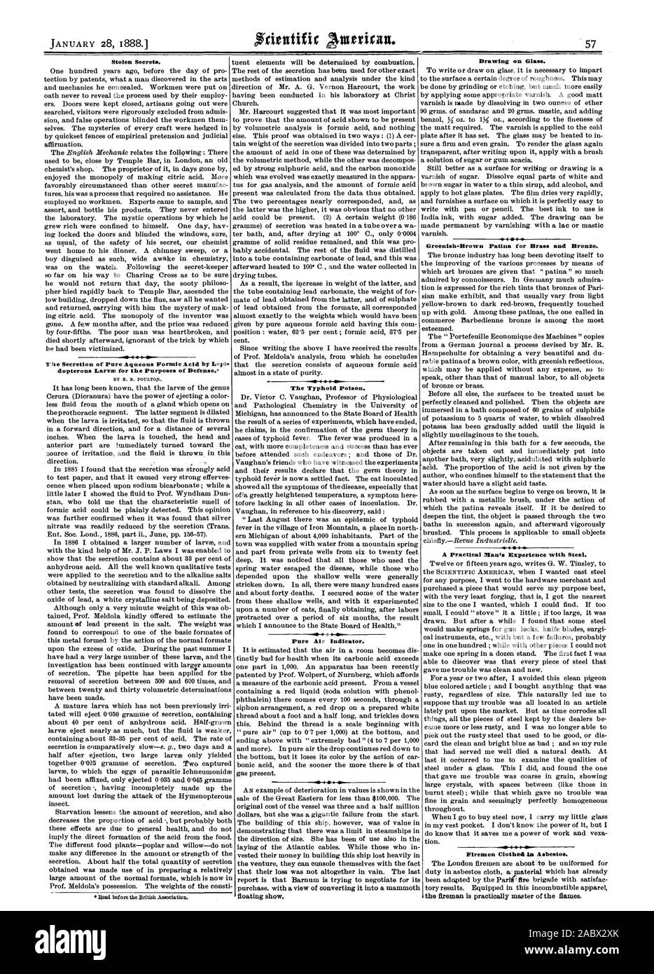 MMil il tifo il veleno. Aria pura indicatore. Furto di segreti. La secrezione di puro Acido formico acquoso da Lepi dopterous larve per finalità di difesa. Da E. B. POULTOpT. Leggere prima di effettuare l'Associazione britannica. Disegno su vetro. Greenish-Brown Patina per ottone e bronzo. Una pratica ItIan di esperienza con acciaio. il vigile del fuoco è praticamente padrone di fiamme., Scientific American, 1888-01-28 Foto Stock
