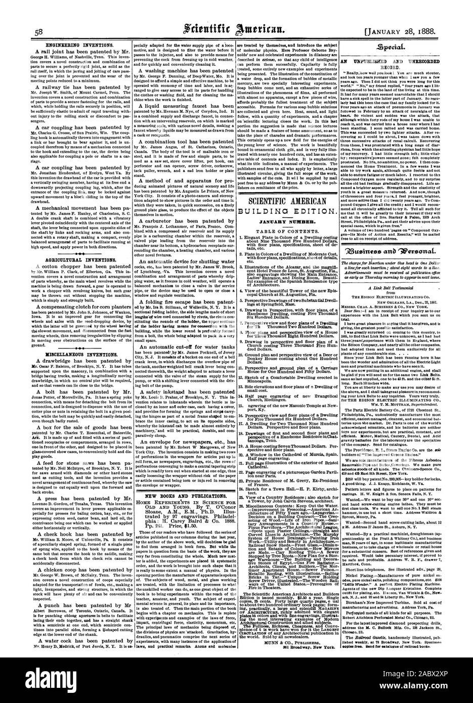 Invenzioni di ingegneria. Invenzioni agricoli. Varie invenzioni. Nuovi libri e pubblicazioni. SCIENTIFIC AMERICAN EDIFICIO EDITION. Il numero di gennaio. Speciale. Un UNPUBLD3MED e record non registrata., 1888-01-11 Foto Stock