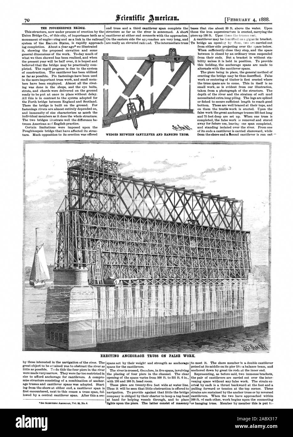 Il POUGHKEEPSIE BRIDGE. Cunei tra cantilever e appeso TRUSS. dalla riva fine un cantilever Pecond è esaurito erigendo traliccio di ancoraggio sul falso lavoro. luci su piloni. Questi ultimi sono costituiti da muratura, Scientific American, 1888-02-04 Foto Stock