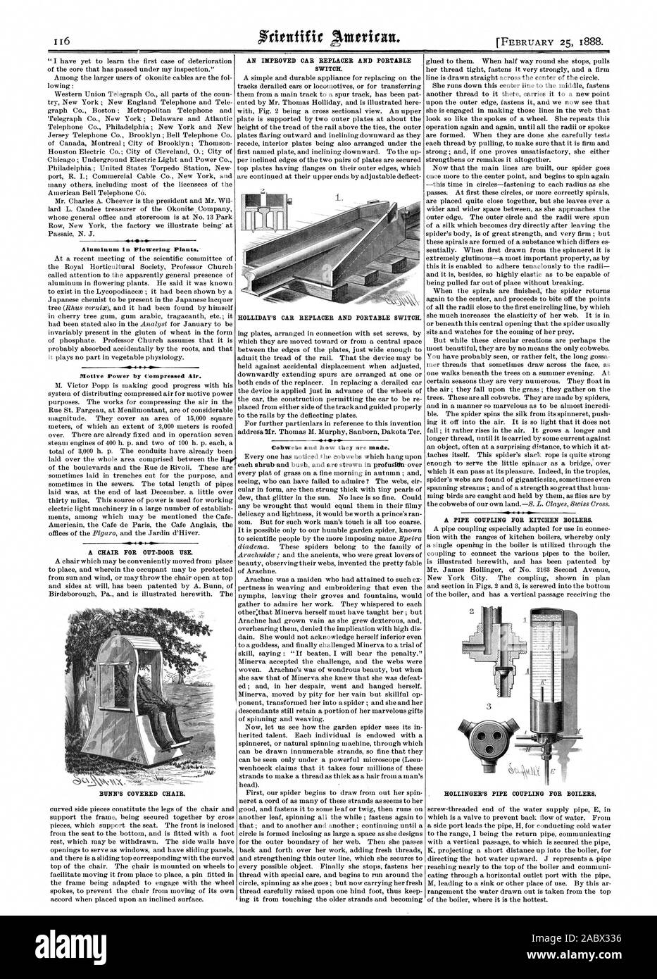 Alluminio in piante di flowering. !Potenza motrice mediante aria compressa. Una sedia per uso esterno. BUNN coperto della sedia. Un miglioramento di auto e di Sostituzione interruttore portatile. HOLLIDAY la vettura di sostituzione e interruttore portatile. Ragnatele e il modo in cui essi sono realizzati. Un raccordo per tubi per caldaie di cucina. HOLLINGER il raccordo per tubi per caldaie., Scientific American, 1888-02-25 Foto Stock