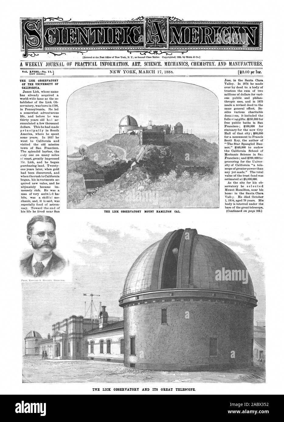 Il LICK OBSERVATORY MOUNT HAMILTON CAL. Il leccare osservatorio dell'Università della California. Il LICK Observatory e il suo grande telescopio., Scientific American, 88-03-17 Foto Stock