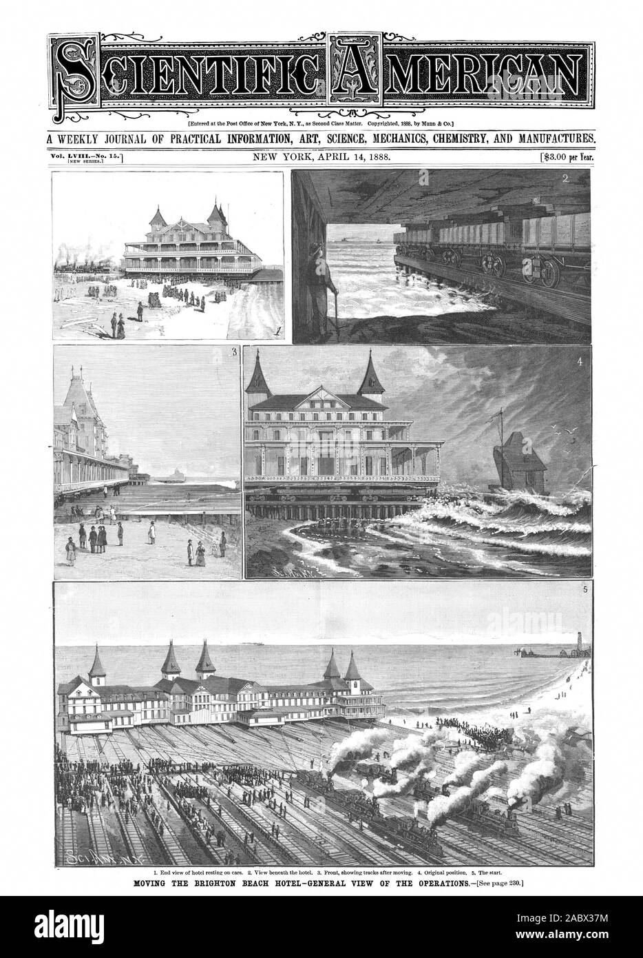 Una vista di estremità di hotel in appoggio sulle vetture. 2. Vista sotto l'hotel. 3. Parte anteriore che mostra le vie dopo lo spostamento. 4. Posizione originale. 5. L'inizio. Vol. LVIIINo. 15.1 nuovo 5EmE5.1 da Munn & Co. Iscritti presso l'Ufficio Postale di New York N. Y. come seconda questione di classe. Ho coperto da copyright nicuricsomzuweir.mur !talco r 1888 Scientific American INC., 1888-04-14 Foto Stock