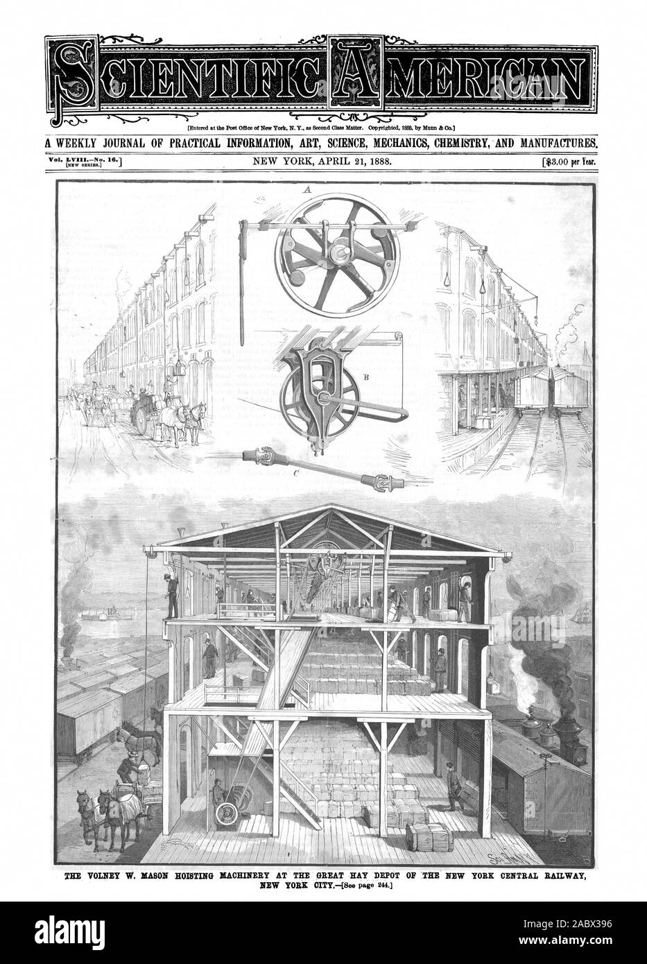 Il VOLNE! W. MASON Macchinari di sollevamento al grande magazzino di fieno OP LA NEW YORK central railway NEW YORK CITY. Vol. LVINo. 16., Scientific American, 1888-04-21 Foto Stock