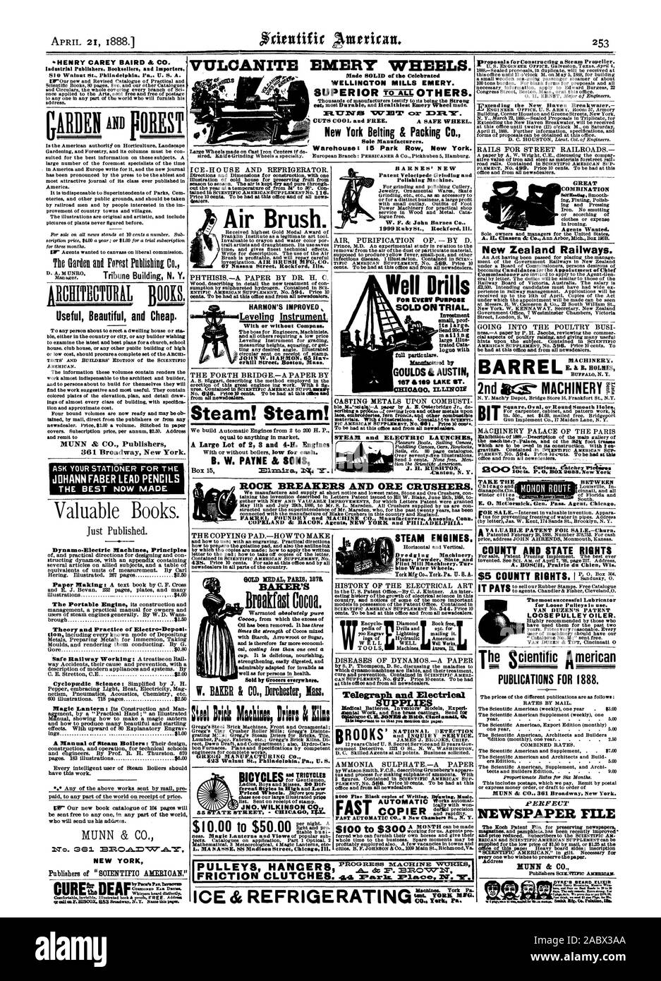 La CONTEA DI STATO E DIRITTI A. BOSCH Prairie du Chien Wis. Themostsuccessful lubrificatore per pulegge allentata in uso. VAN DUZEN DEL BREVETTO allentato oliatore della puleggia. Pubblicazioni per il 1888. proposte per Cost cting un propulsore a vapore. Rotaie per STREET FERROVIE eccezionale combinazione di agenti voluto. Chiunque desideri conservare la carta. Indirizzo MUNN & CO. Air Brush. $10.00 per $50.00 ROCK automatici e i frantoi di minerale. ROOKS WOO a $300, Scientific American, 1888-04-21 Foto Stock