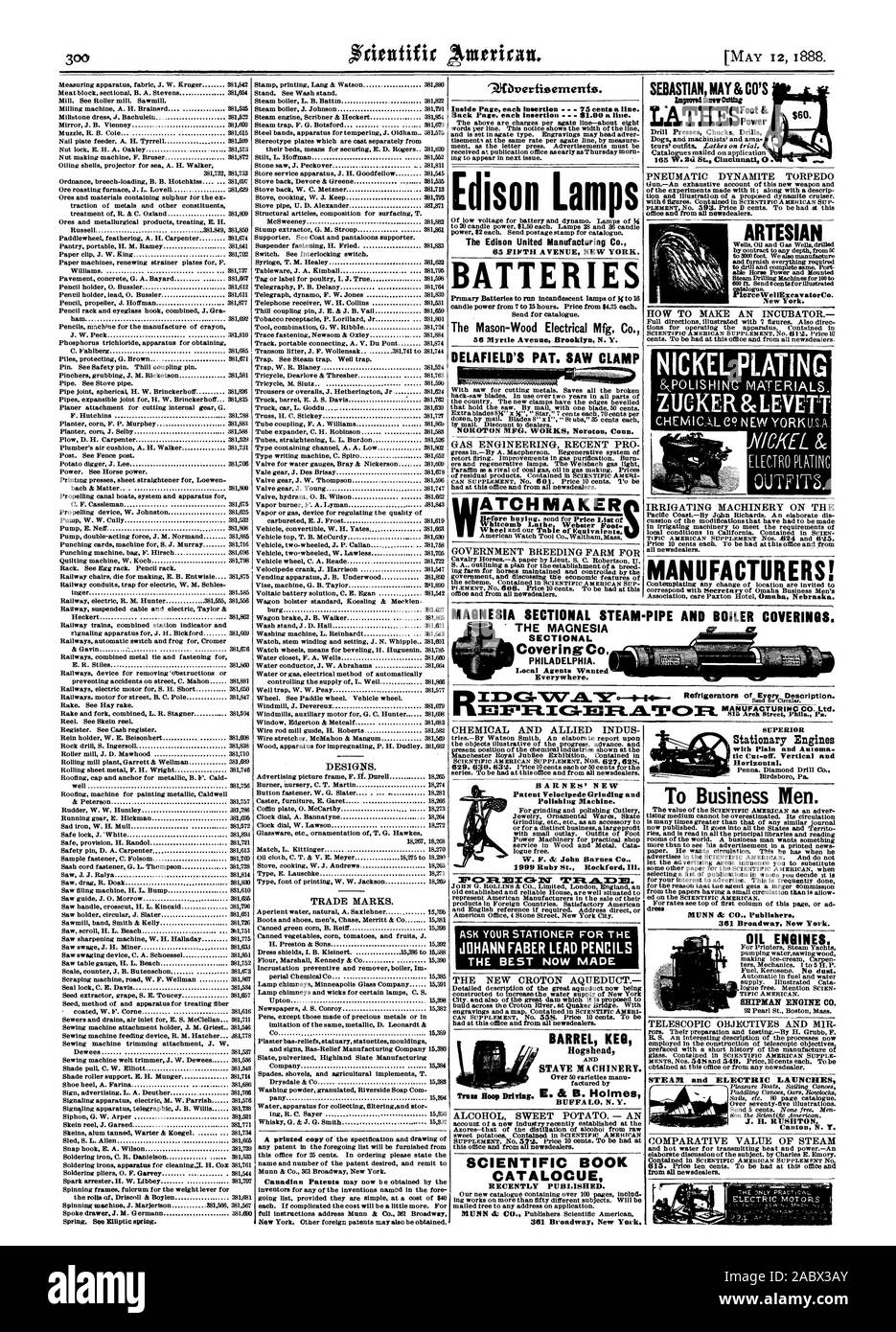 Vapore. e 9.4bvertieernenfe. All'interno di ciascuna pagina di inserimento 75 centesimi una linea. Torna alla pagina precedente ogni inserimento .00 una linea. Edison Lam la Edison Regno Manufacturing Co. 65 Fifth Avenue di New York. Batterie 56 Myrtle Avenue Brooklyn N.Y. DELAFIELD il PAT. Visto il morsetto NOROTON MFG. Opere Conn. Noroton Whitcomb tornio Webster piedi. Governo allevamento per la sezione di magnesia steam-CANALIZZAZIONE CALDAIA E RIVESTIMENTI. ' La magnesia copertura sezione Co. PHILADELPHIA. Gli agenti locali voluto ovunque., Scientific American, 1888-05-12 Foto Stock