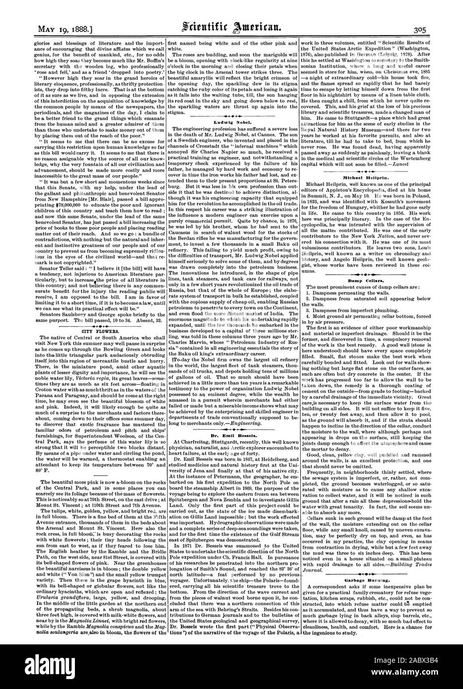 Città dei Fiori. Il Dr. Emil Bessels. Michael Heilprin. Cantine umide. Garbage masterizzazione., Scientific American, 1888-05-19 Foto Stock