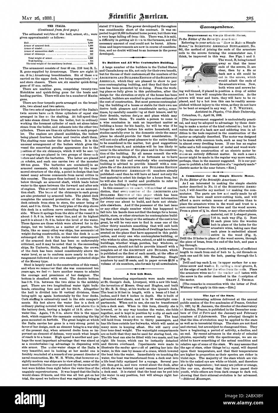 26 maggio 1888.1 TEE ITALIA. Per i costruttori e tutti coloro che contemplare edificio. Glorreeponbence. Miglioramento sul motore elettrico semplice. Un commutatore per il motore elettrico semplice. L'età delle stelle., Scientific American, 1888-05-26 Foto Stock