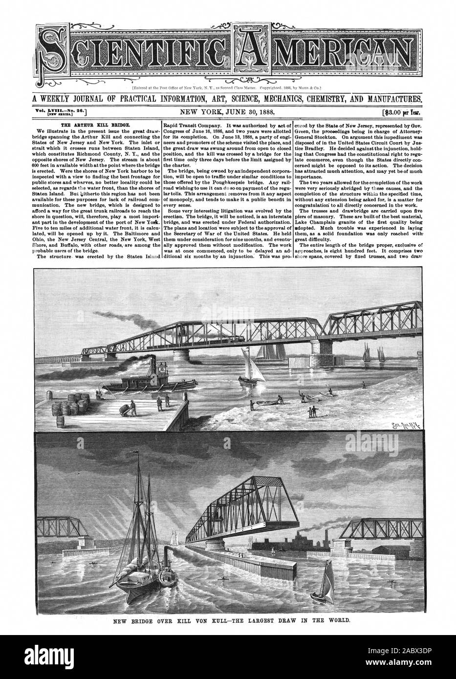 "NTIF" si e ' di ARTHUR KILL BRIDGE. Ci illustrano nella presente questione il grande ponte levatoio spanning di Arthur Kill e collegando gli stati del New Jersey e di New York. Il condotto di aspirazione o stretto che attraversa corre tra Staten Island che costituisce la Richmond County N. Y. e le opposte sponde del New Jersey. Il flusso è di circa 600 metri in larghezza disponibile in corrispondenza del punto in cui il ponte è eretto. Sono state le rive del porto di New York per essere ispezionati con una vista per trovare la migliore facciata per gli archivi pubblici e banchine non migliore località potrebbe essere selezionato per quanto riguarda il fronte acqua di Rive Foto Stock