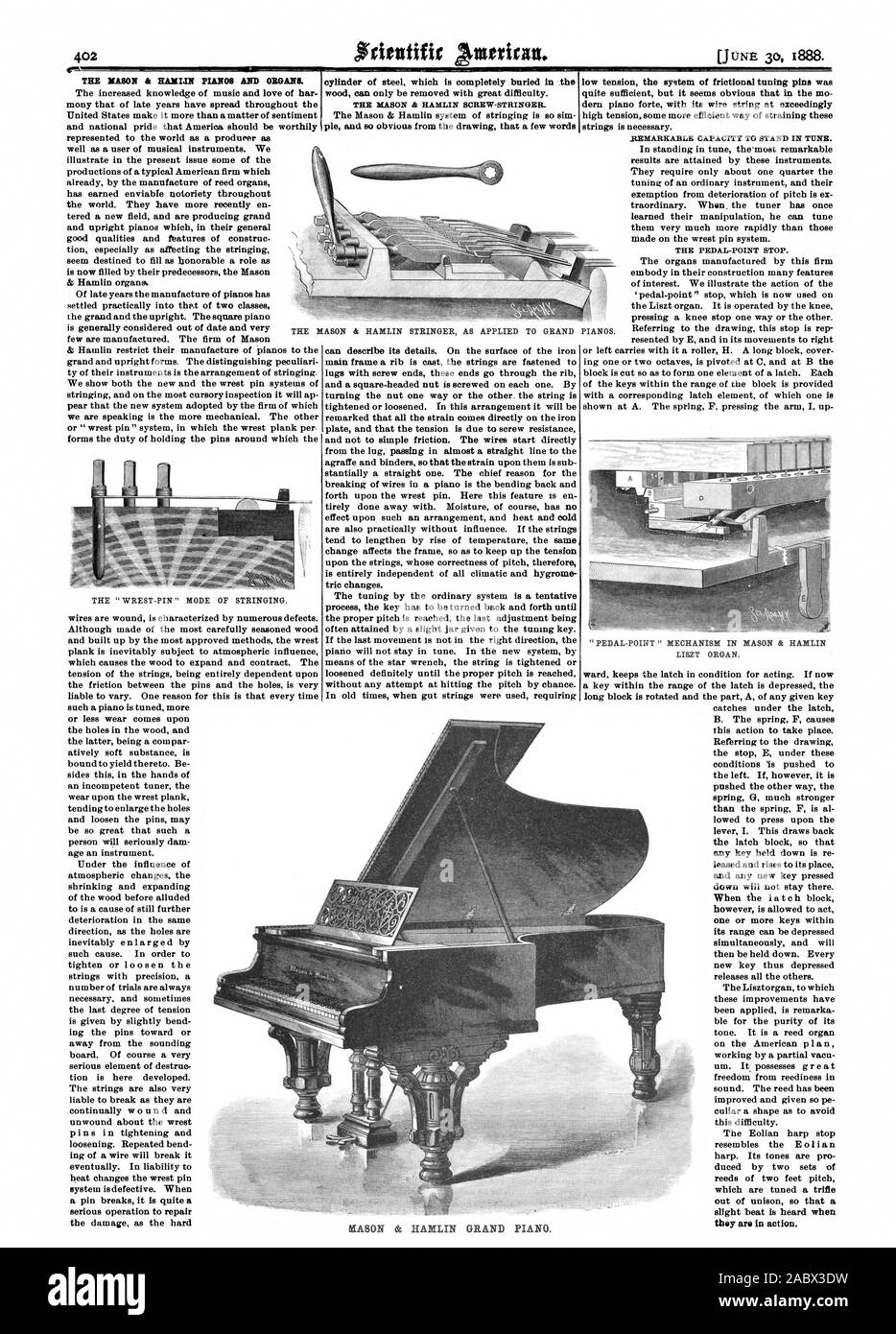 Il ' WREsT - PIN ' modalità di tesatura. La Mason & HAMLIN vite-stringer. La sintonizzazione con il sistema ordinario è un tentativo di elaborare la chiave deve essere ruotata in avanti e indietro fino a quando il passo corretto viene raggiunto l'ultima regolazione essendo spesso raggiunti da un disdegni vaso dato al tasto di sintonizzazione. Se l'ultimo movimento non è nella giusta direzione il pianoforte non potranno rimanere in sintonia. Nel nuovo sistema mediante la chiave a stella la stringa viene serrato o allentato decisamente fino a quando il passo corretto viene raggiunto senza alcun tentativo di colpire il passo a caso. In tempi antichi quando corde di budello erano utilizzati che richiedono Foto Stock