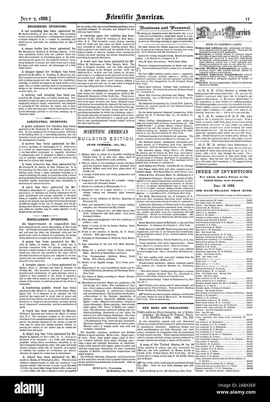 Invenzioni di ingegneria. Invenzioni agricole varie invenzioni. SCIENTIFIC AMERICAN EDIFICIO EDITION. 301 Broadway New York. rZhisinescs anb 'Wereanat. Nuovi libri e pubblicazioni. Indice delle invenzioni per le quali lettere di brevetto di me negli Stati Uniti sono stati concessi 19 giugno 1888 e ogni cuscinetto che data., 1888-07-11 Foto Stock