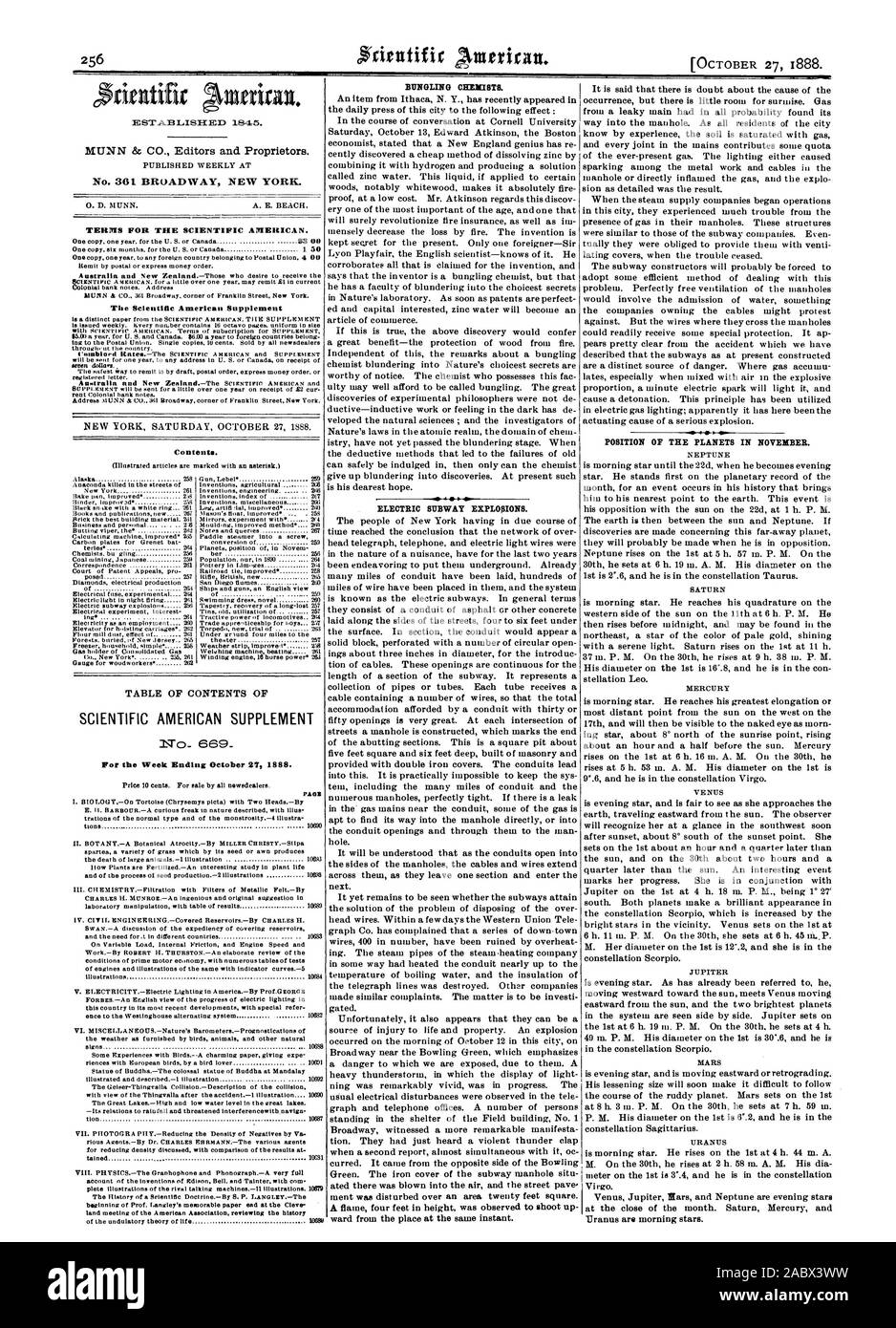 Settimanale pubblicata al n. 361 Broadway New York. 0. D. NIUNN. A. E. BEACH. Termini per la Scientific American. Il Scientific American Supplement SOMMARIO DI Scientific American supplemento per la settimana che termina il 27 ottobre 1888. Nettuno Saturno mercurio Marte Giove, 1888-10-27 Foto Stock