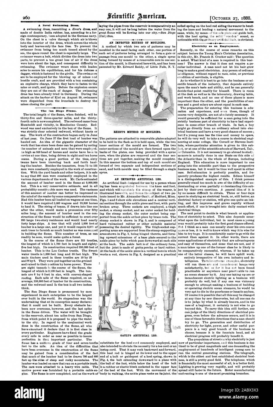 Ottobre 27 1888. Nuovo Nuoto Drees. Il San Diego Flume e posa le tubazioni dal serbatoio è relativamente ad un metodo perfezionato di stampaggio. REDDY'S METODO DI STAMPAGGIO. Una migliorata gamba artificiale. Energia elettrica come un'occupazione. GAULT la gamba artificiale., Scientific American, 1888-10-27 Foto Stock