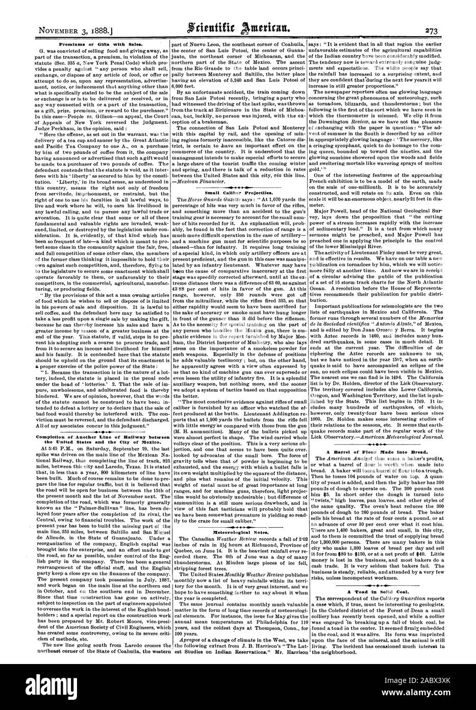 Premi o dono. con le vendite. Il completamento di un'altra linea di ferrovia tra gli Stati Uniti e la Città del Messico. Piccoli proiettili calibro. Note meteorologiche. Un barile di farina in Pane. Un Rospo in carbone solido., Scientific American, 1888-11-03 Foto Stock