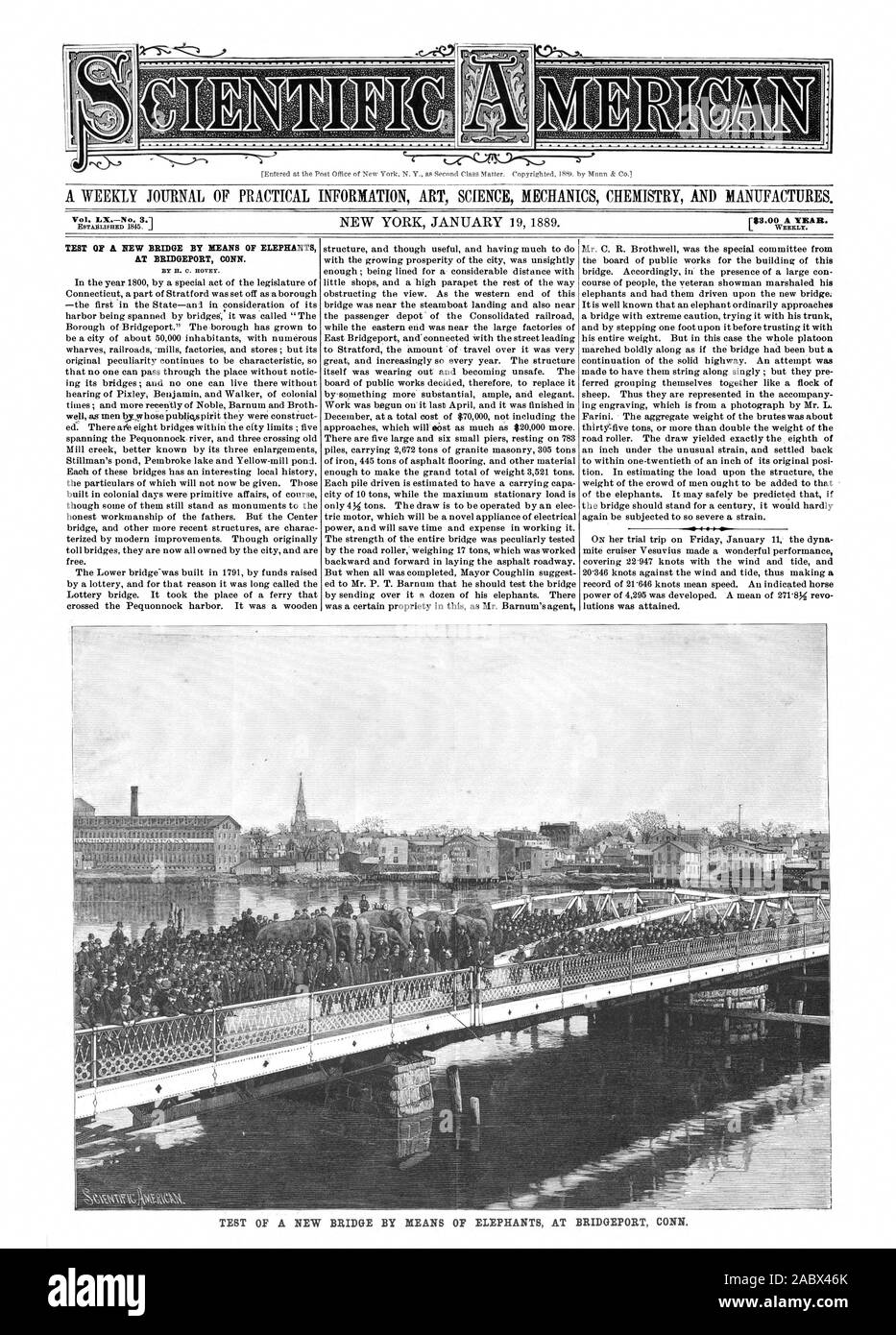 Iscritti presso l'Ufficio Postale di New York N. Y. come seconda questione di classe. Copyright 1889 da Mann & Co. A BRIDGEPORT CONN. Il test di un nuovo ponte per mezzo di elefanti a Bridgeport CONN. Inc, Scientific American, 1889-01-19 Foto Stock