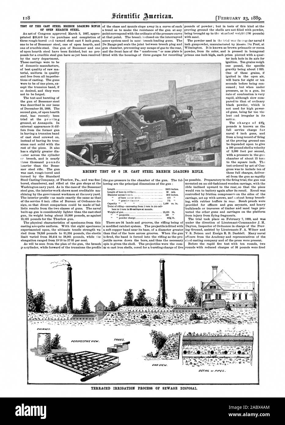 Il TEST DELL'ACCIAIO COLATO culatta fucile carico del focolare in acciaio. Questi ultimi il T EST DI 6 a. Acciaio colato culatta fucile carico. Irrigazione terrazzati processo di smaltimento delle acque luride., Scientific American, 1889-02-23 Foto Stock