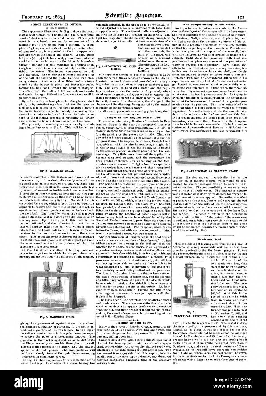 Semplici esperimenti di fisica. Campo magnetico. Le modifiche apportate in inglese il diritto di brevetto. Il movimento per inerzia senza neve. treno ferroviario. La comprimibilità dell'acqua di mare. Henderson acciaio. ebanite in colonne le cui estremità superiori sono in el regolabile aste di ottone dotato di sfere in ottone corpi. Fig. 5., Scientific American, 1889-02-23 Foto Stock