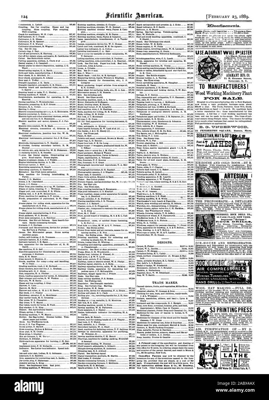 Utilizzare irremovibile INTONACO A PRODUTTORI! 31 PEMBERTON SQUARE Boston Massachusetts Gower& macchinari. SEBASTIANMAY86CO Power Joil perforatrici da roccia COMPRESSORE ARIA9 ARTESIAN e olio di alimentazione ben Co. INGERSOLL ROCK DRILL C migliorata 'Eclipse ' tornio, Scientific American, 1889-02-23 Foto Stock
