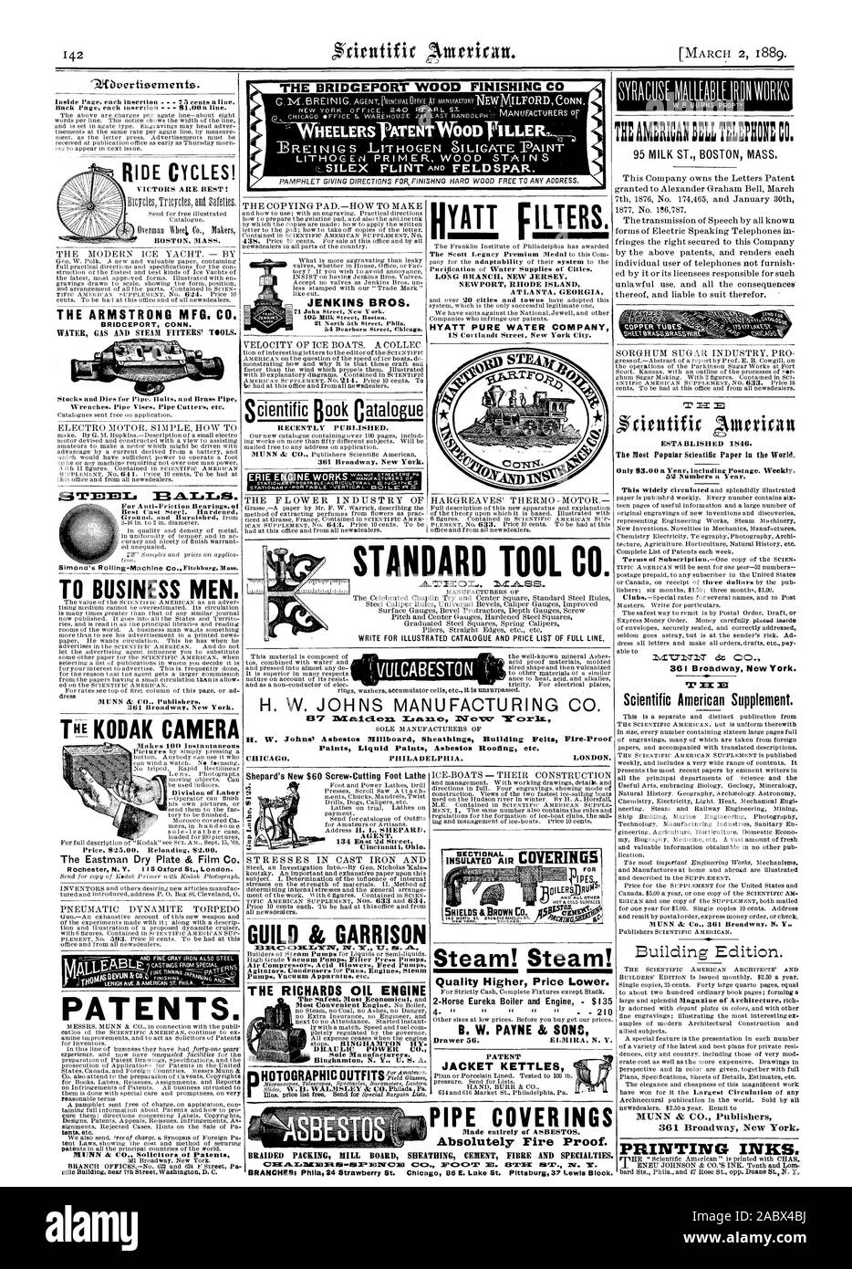 La BRIDGEPORT FINITURA IN LEGNO C STANDARD TOOL CO. H. W. JOHNS Manufacturing Co. Pitture Vernici Liquide coperture in amianto ecc. CHICAGO. PHILADELPHIA. Londra. Shepard è di nuovo $60 Screw-Cutting piede agente tornio GUILD St GARRISON LA RICHARDS OLIO MOTORE POTENZA DRAULIC CO. Suola in sezione produttori V HOT &superfici d'oro vapore! Vapore! Di più elevata qualità prezzo inferiore. 4- ' - 210 B. W. PAYNE & SONS BREVETTO Bollitori a Camicia inchiostri di stampa., Scientific American, 1889-03-02 Foto Stock