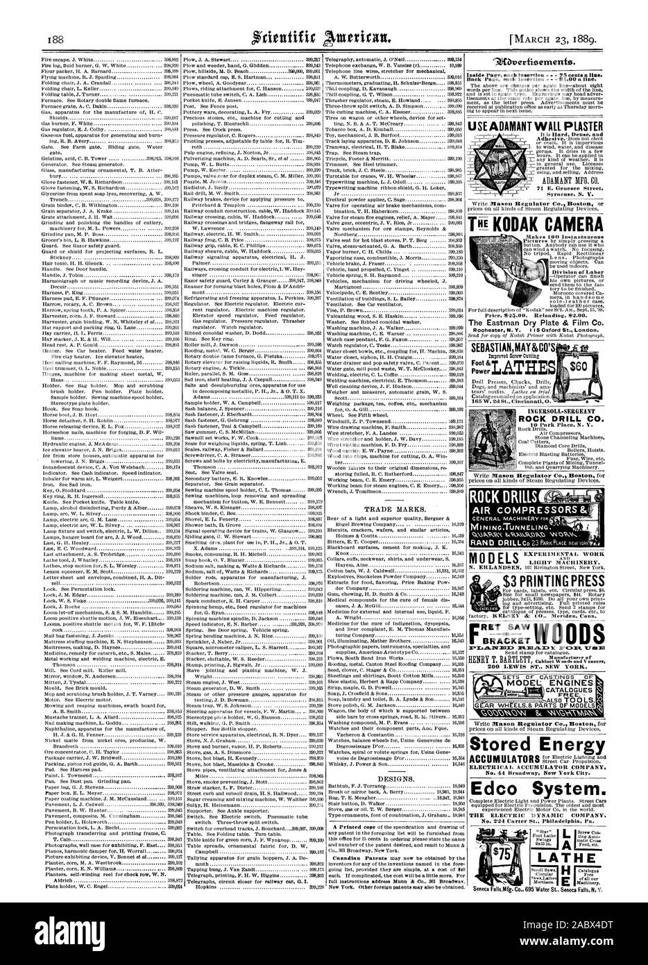 Marchi commerciali. Disegni e modelli. Utilizzare irremovibile INTONACO PI fotocamera KODAK rende 100 Divisione istantaneo del prezzo della manodopera S25.00. Ricaricamento S2.00. La Eastman Dry Plate & Film Co. Rochester N.Y. 5 Oxford Street a Londra. INGERSOLL-Sergente ROCK DRILL CO. Lavoro sperimentale macchine di luce. Miglio.S.D F4C301.1. .710E MOTORI MODELLO G AR WH ELS. & GO0" non energia immagazzinata accumulatore elettrico azienda n. 44 Broadway New York City. Sistema Edco. La dinamica elettrica 71 società E. Genesee Street Siracusa. N. Y. SEBASTIANMAMCO'S ROCK DRILLS trirMST compressori aria & modelli tornio libera inoltre strumenti, Scientific American Foto Stock