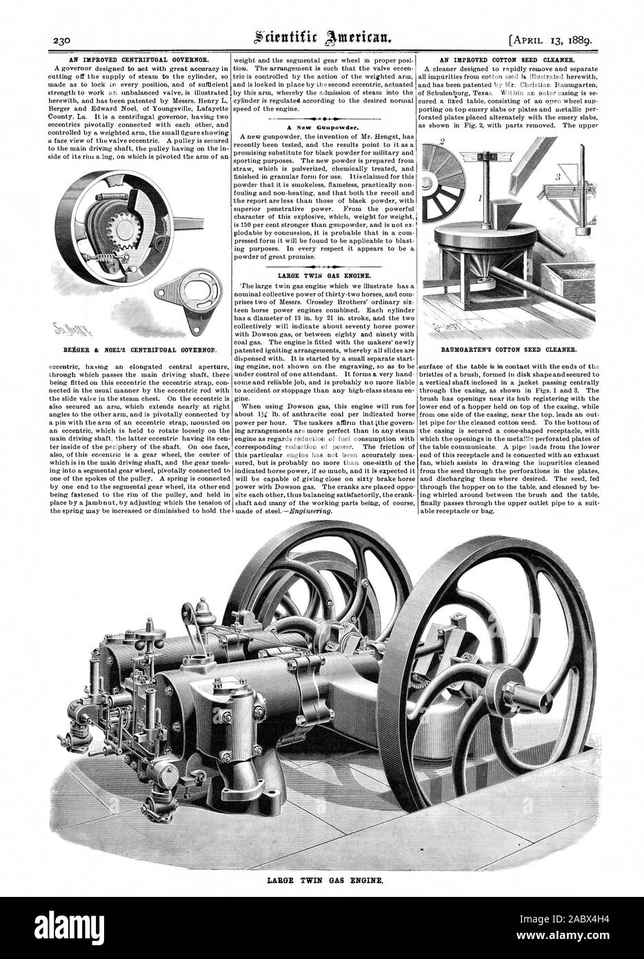 Una migliorata regolatore centrifugo. BERGER & NOEL il regolatore centrifugo. Un nuovo Guupowder. Grandi letti motore a gas. Una migliorata in semi di cotone puliti. BAUMGARTEN del seme di cotone puliti. Grandi letti MOTORE A GAS, Scientific American, 1889-04-13 Foto Stock