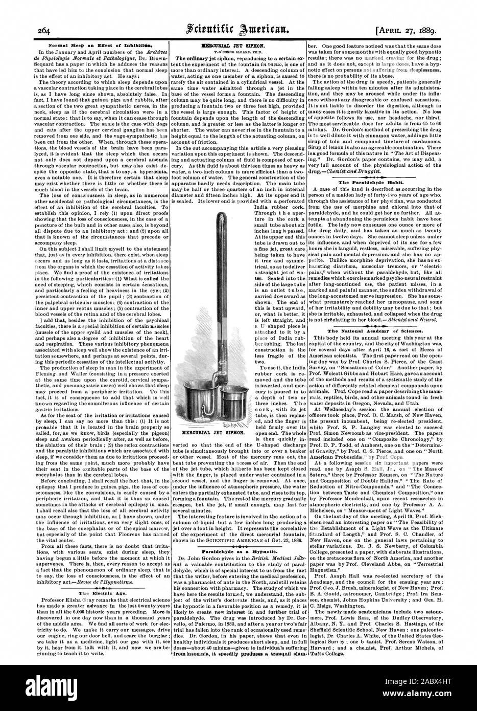 Sonno normale un effetto di Inhibitight. L'età elettrico. T.O'COMOR SLOANE PE-D. 4 1 da esso insuicuia opeedily procluann una tranquilla slum la paraldeide abitudine. Il Aeademy Nazionale delle Scienze. MERCURIAL JET SIFONE., Scientific American, 1889-04-27 Foto Stock