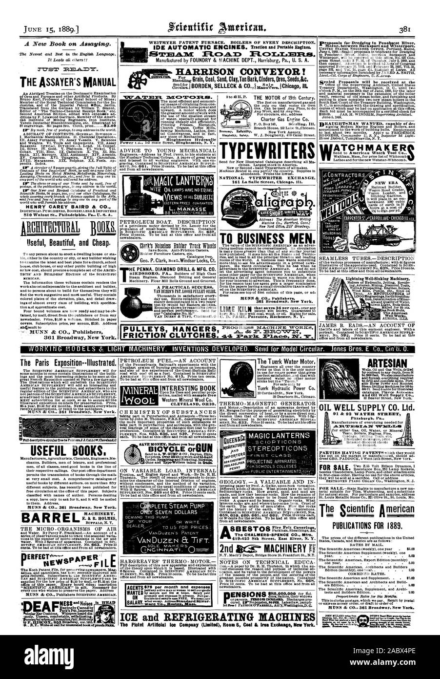 Macchinari II p ARTESIAN e olio alimentazione Welt Co. Olio di alimentazione ben CO. Ltd. Pittsburgh PA PUBBLICAZIONI PER 1889. 12 lioins. ventola .4 I t 4.4ei y. 4 Egli 50e. 1010L EA F' p risparmiare denaro. Prima di acquistare orGUN bicicletta completa di pompa a vapore ' ware Co Boston. Messa. Ghiaccio e macchine frigorifere, Scientific American, 1889-06-15 Foto Stock