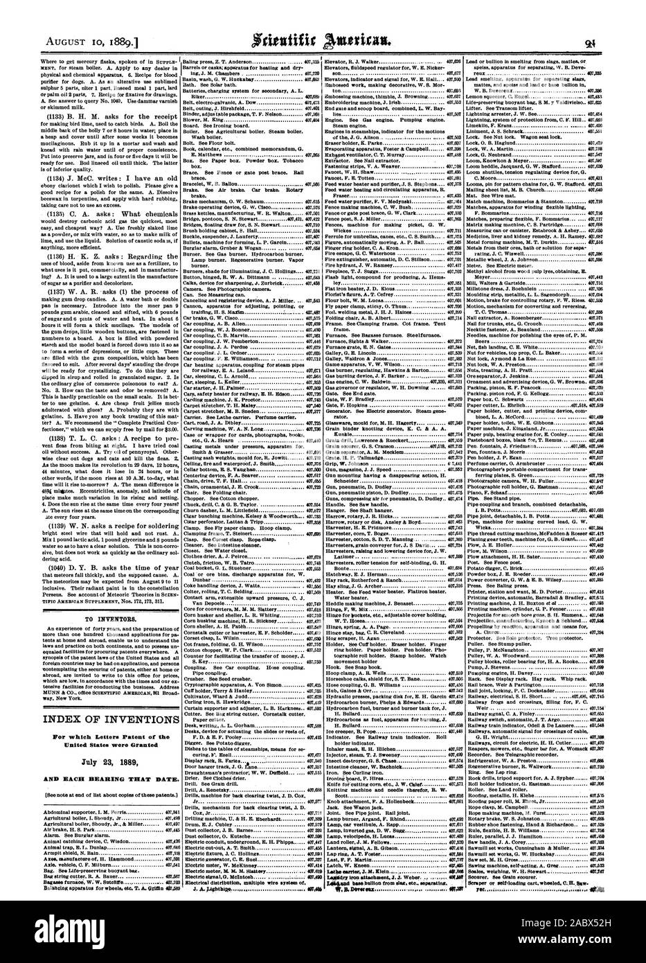 Indice delle invenzioni per le quali Lettere Brevetto degli Stati Uniti sono stati concessi 23 luglio 1889 e ogni cuscinetto che data., Scientific American, 1889-08-10 Foto Stock