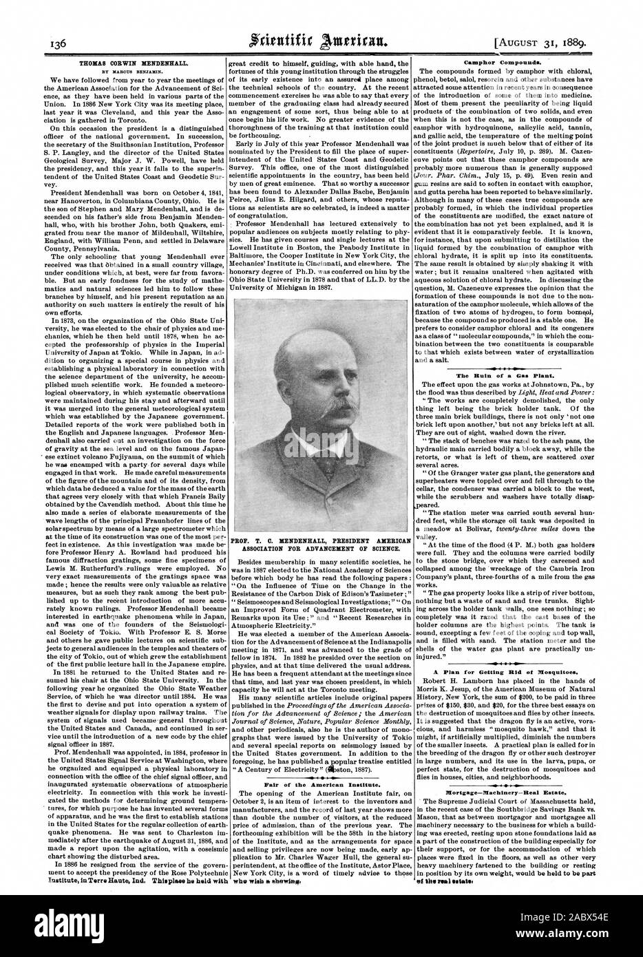 THOMAS CORWIN MENDENHALL. Da Marcus Beniamino. Istituto in Torre Haute Ind. Egli Thisplage tenere con il prof. T. C. MENDENHALL Presidente Associazione americana per il progresso della scienza. Fiera dell'istituto americano. Canfora composti. La rovina di un impianto di gas. Un piano per sbarazzarsi di zanzare. Ipoteca-macchinario-Immobiliare. pi il nal estat, Scientific American, 1889-08-31 Foto Stock