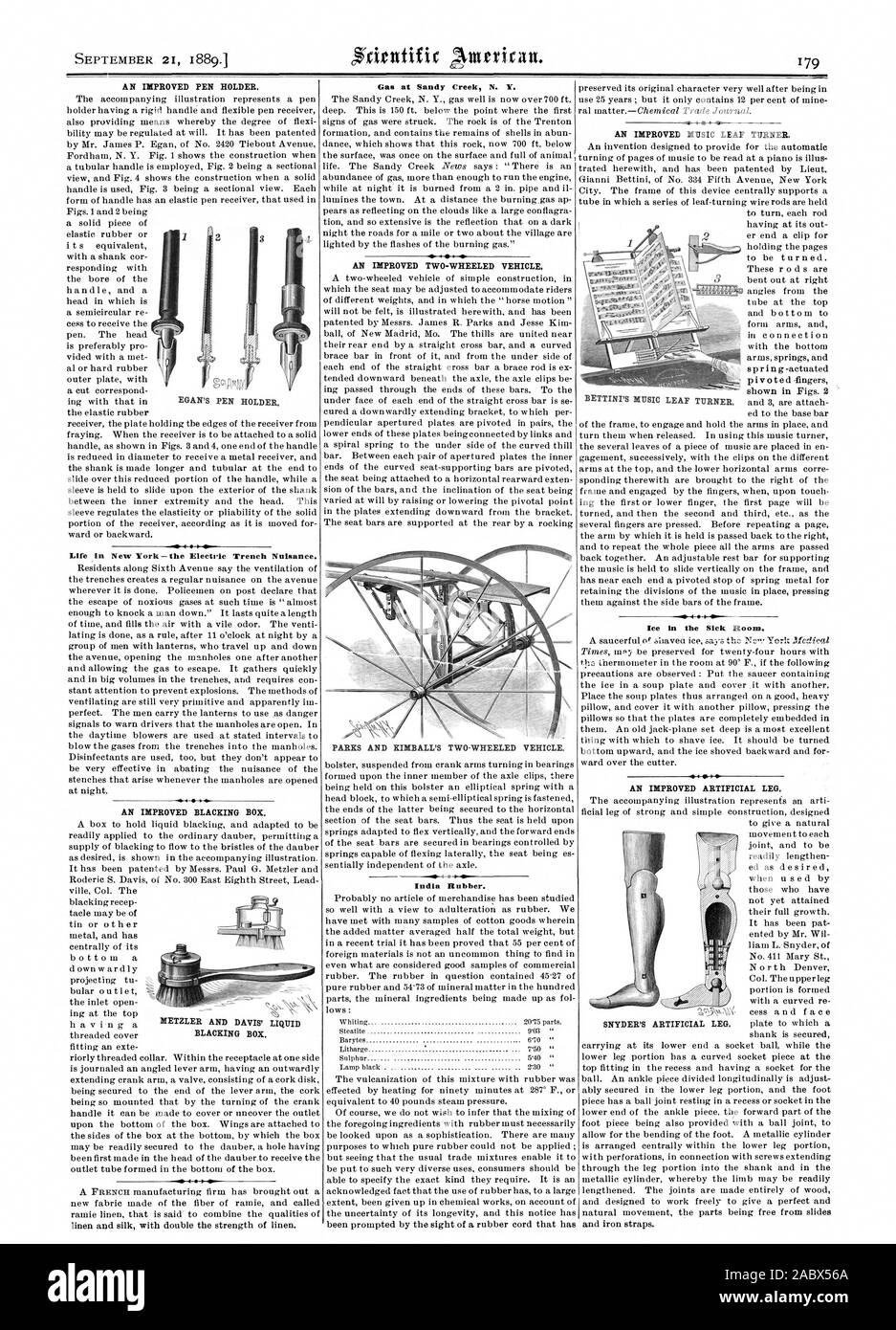 Un migliore supporto della penna. La vita nella New York-la trincea elettrico fastidio. Una migliorata oscuramento BOX. India gomma. Una migliore musica TURNER IN FOGLIA di ghiaccio in malati camera. Una migliorata gamba artificiale. EGAN è titolare della penna METZLER E DAVIS' lucidante liquido BOX. BETTINI LA MUSICA DI TURNER IN FOGLIA. SNYDER la gamba artificiale., Scientific American, 1889-09-21 Foto Stock