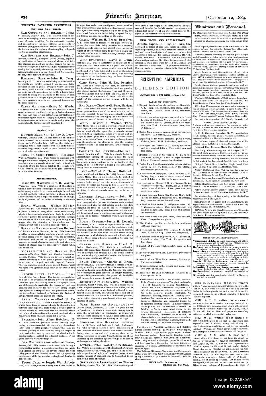 Recentemente invenzioni brevettate. Agricola. Varie. Nuovi libri e pubblicazioni. SCIENTIFIC AMERICAN EDIFICIO EDITION. 88roadviay New York, 1889-10-11 Foto Stock