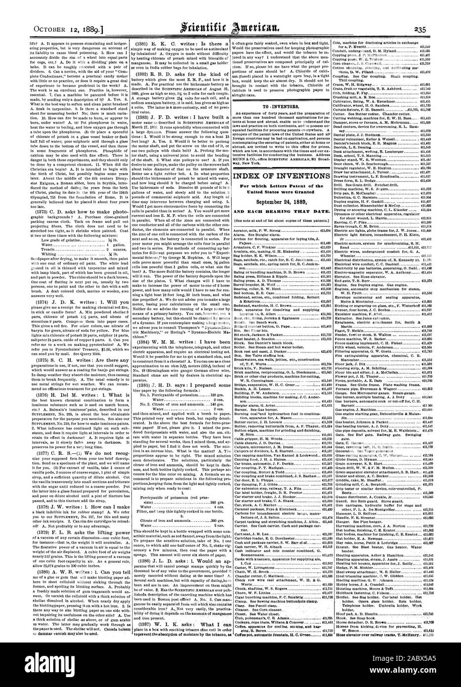 Gli inventori. Indice delle invenzioni per le quali lettere di Brevetto degli Stati Uniti sono stati concessi il 24 settembre 1889 e ciascun cuscinetto a tale data. Il tubo flessibile ascensore su binari ferroviari T. McHenry 4726 POT del caffè fontana automatica H. C. Verde 4656, Scientific American, 1889-10-12 Foto Stock